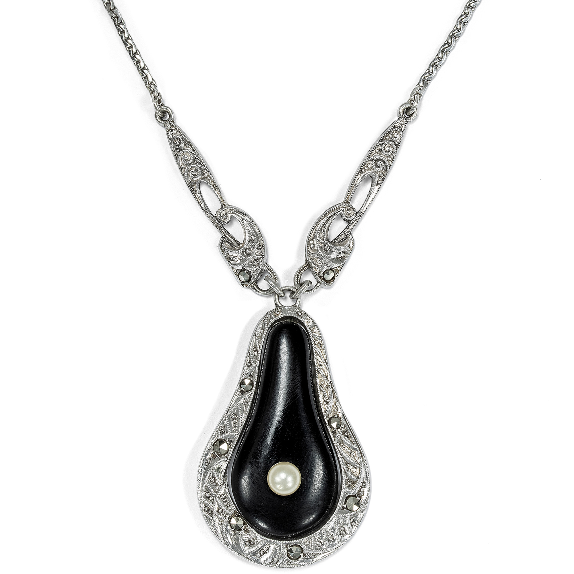 Antique Silver Necklace in Black & White Contrast, Germany c. 1920