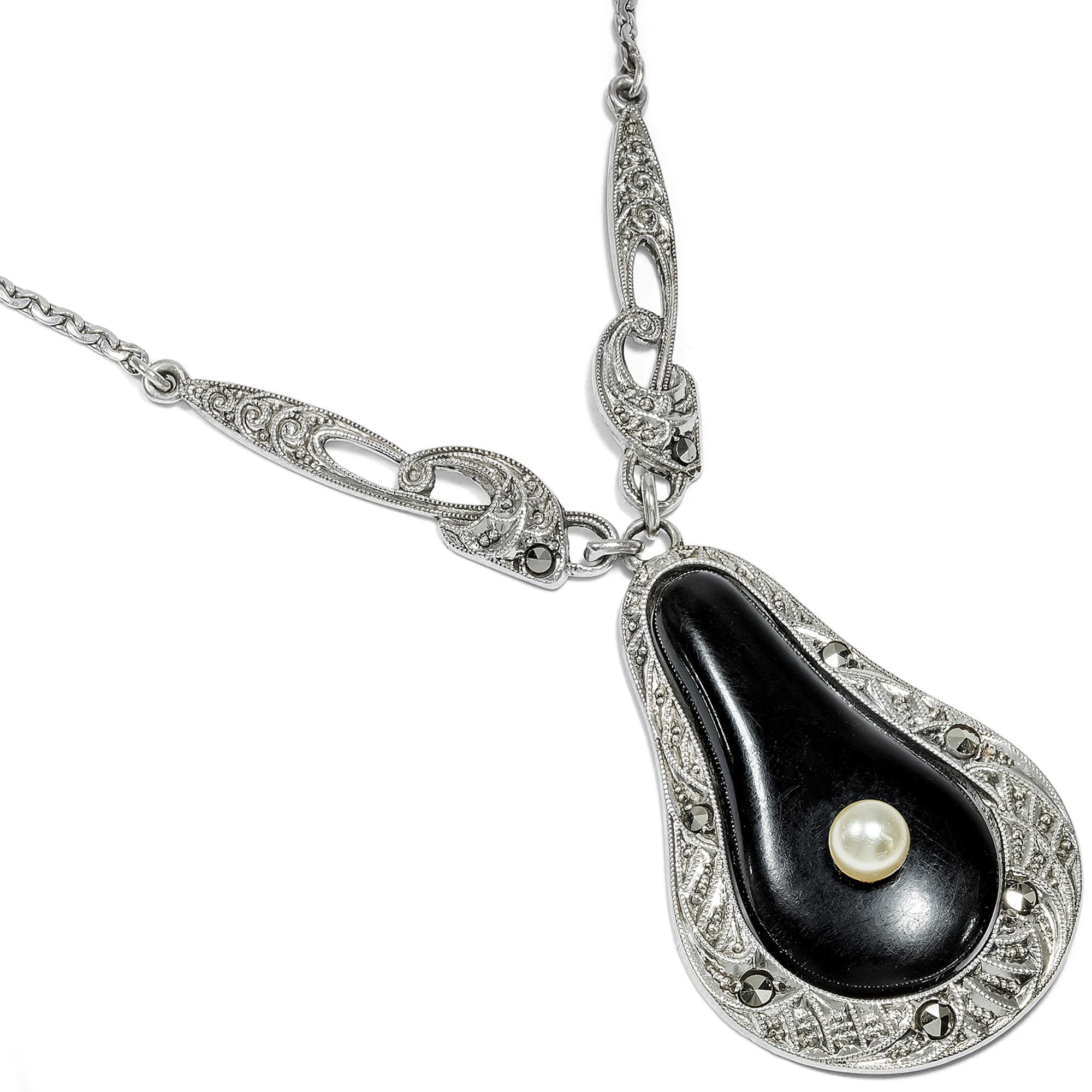 Antique Silver Necklace in Black & White Contrast, Germany c. 1920