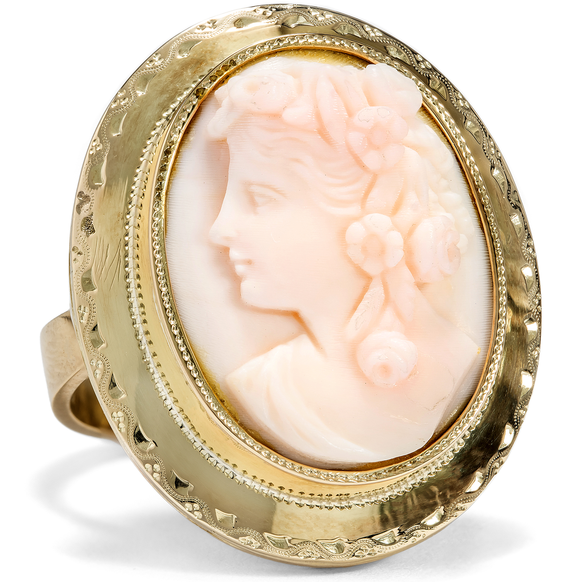 Vintage Ring With Antique Cameo Of Flora From Conch, Circa 1880 & Later