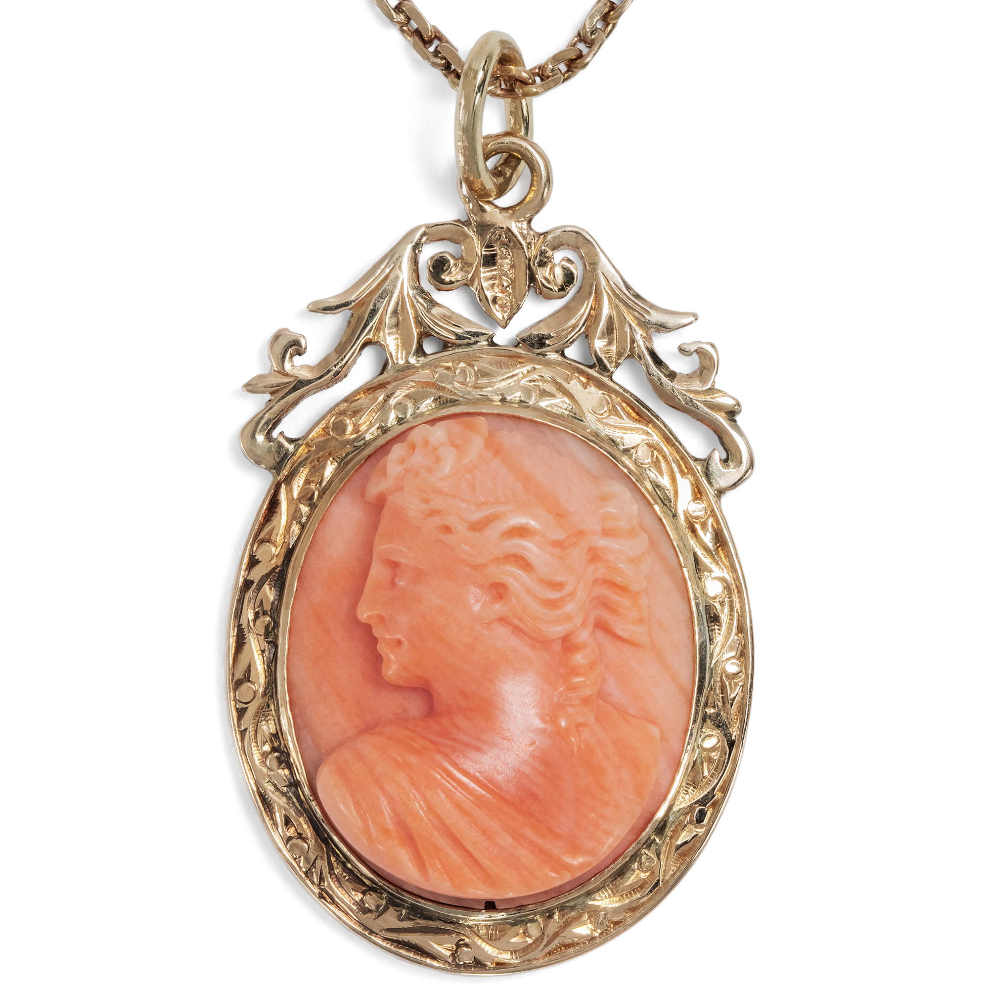 Feine Kamee der Flora aus Koralle in Roségold als Anhänger, um 1880 Feine Kamee der Flora aus Koralle in Roségold als Anhänger, um 1880