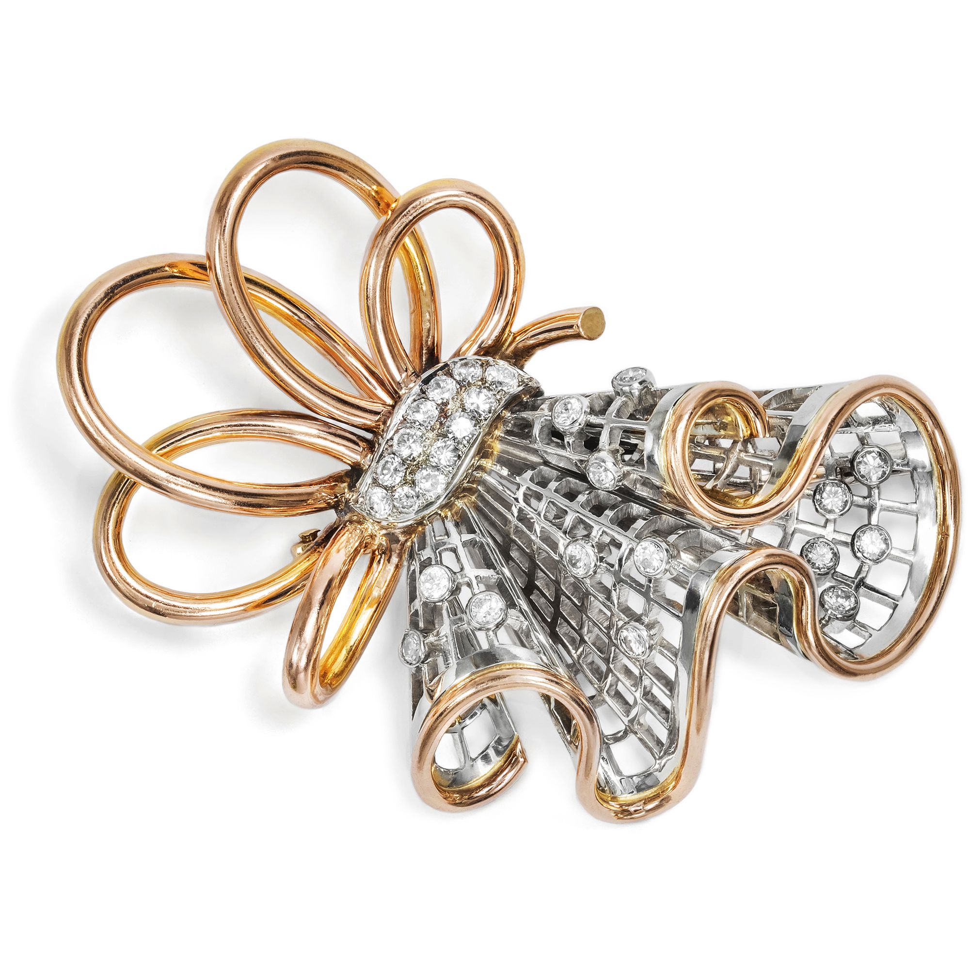 Large Retro Style Brooch with Diamonds in Two-Toned Gold, Vienna, c. 1940s