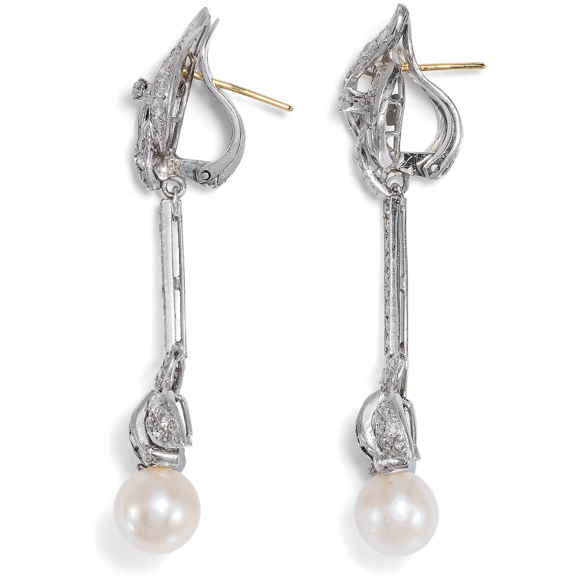 Glamorous Midcentury Earrings with Pearls & 2.10 ct Diamonds in White Gold, c. 1950s Glamorous Midcentury Earrings with Pearls & 2.10 ct Diamonds in White Gold, c. 1950s