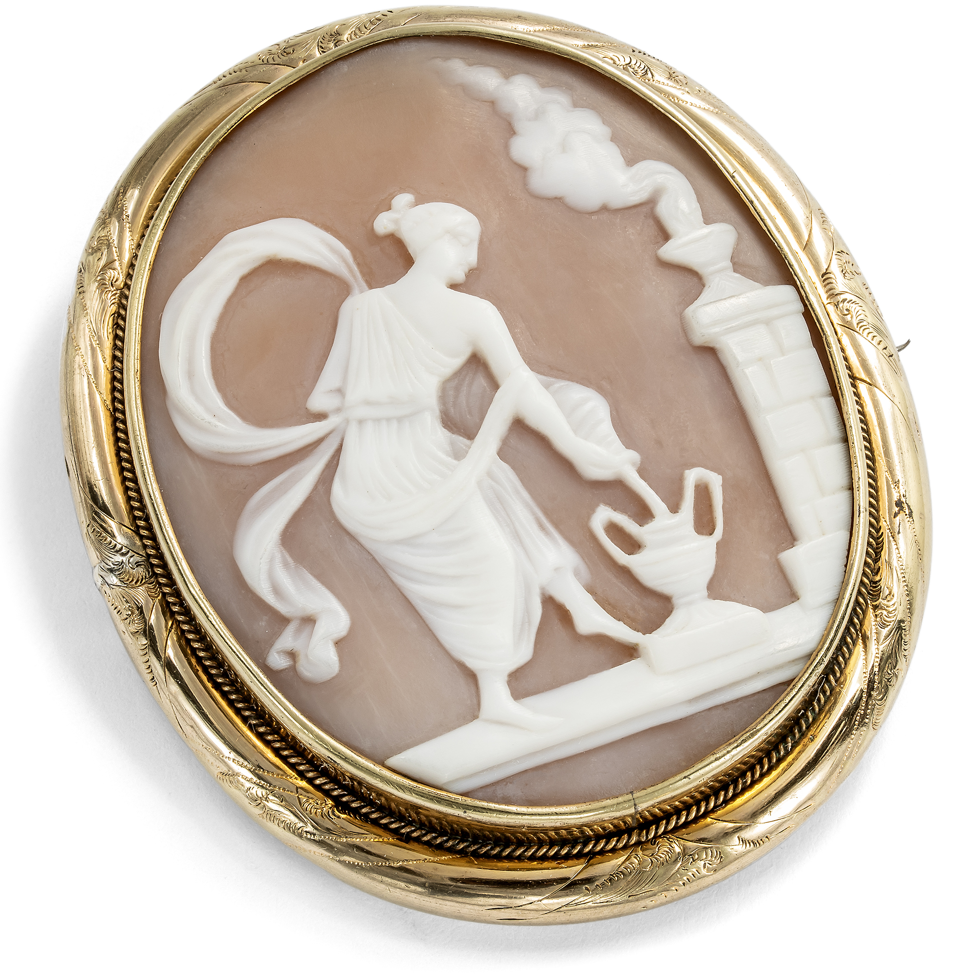 Antique Brooch With Beautiful Shell Cameo Set In Pinchbeck, Circa 1860