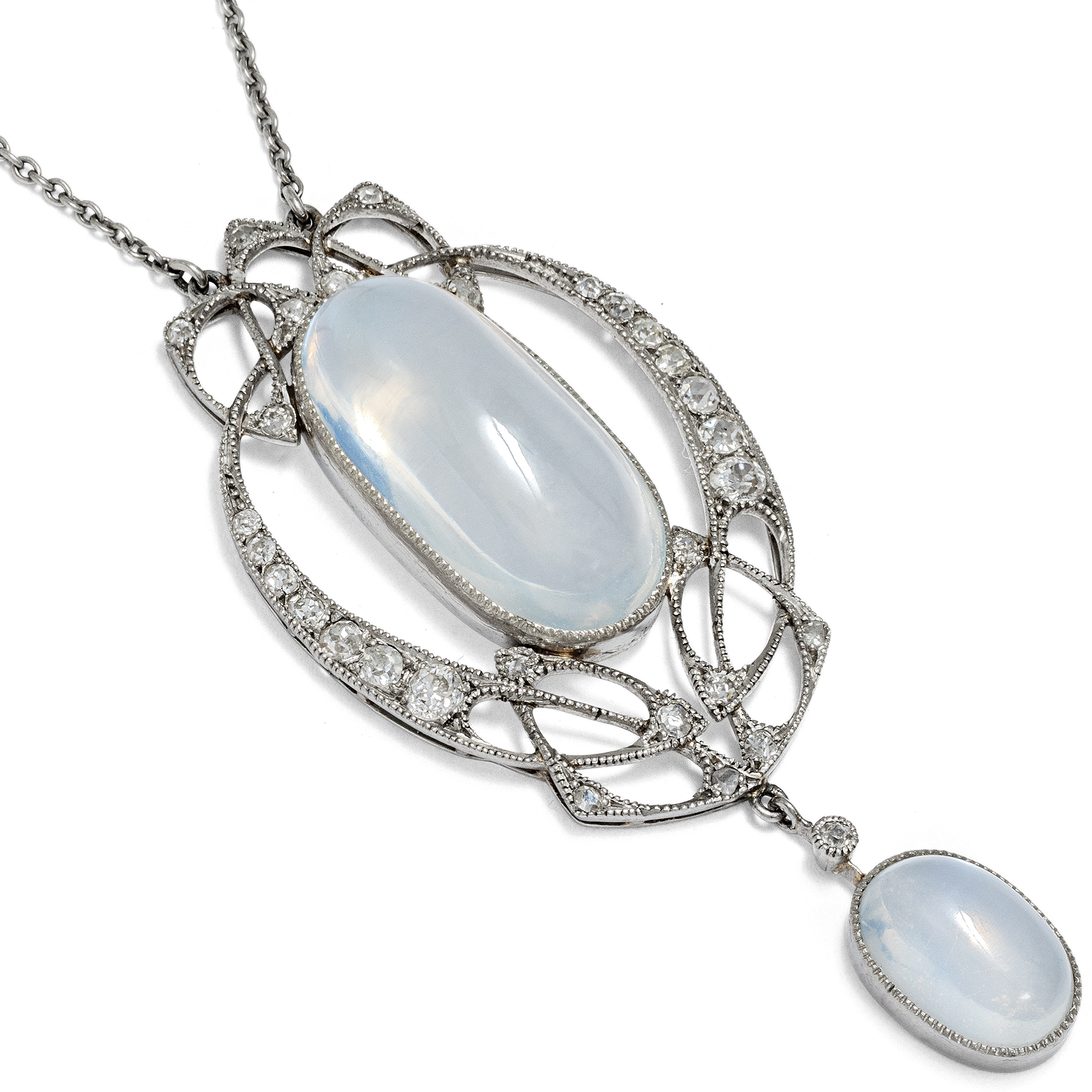 Ethereal Art Nouveau Moonstone and Diamond Necklace, c. 1905