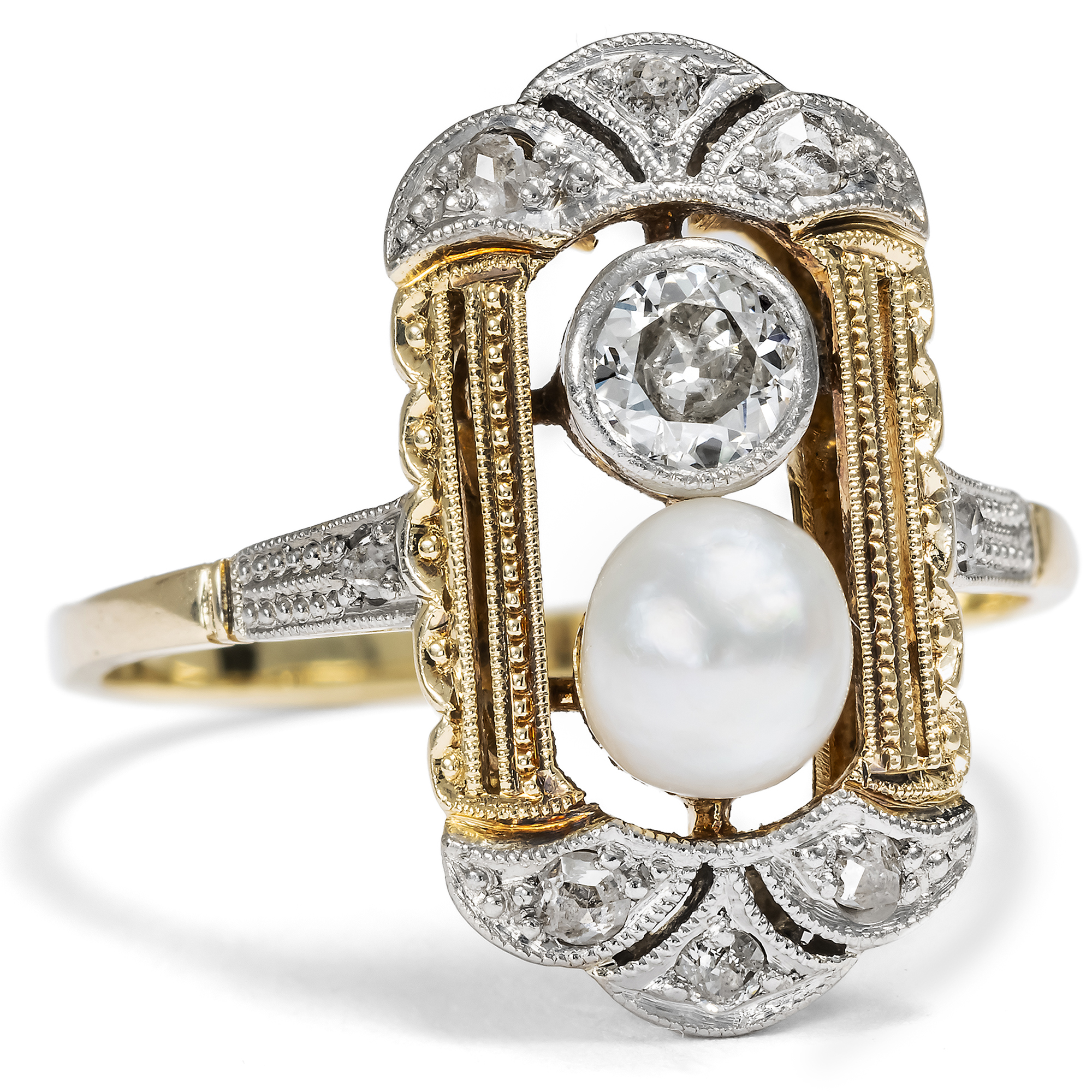 Eleganter antiker Ring mit Diamanten & Naturperle in Platin & Gold, um 1920