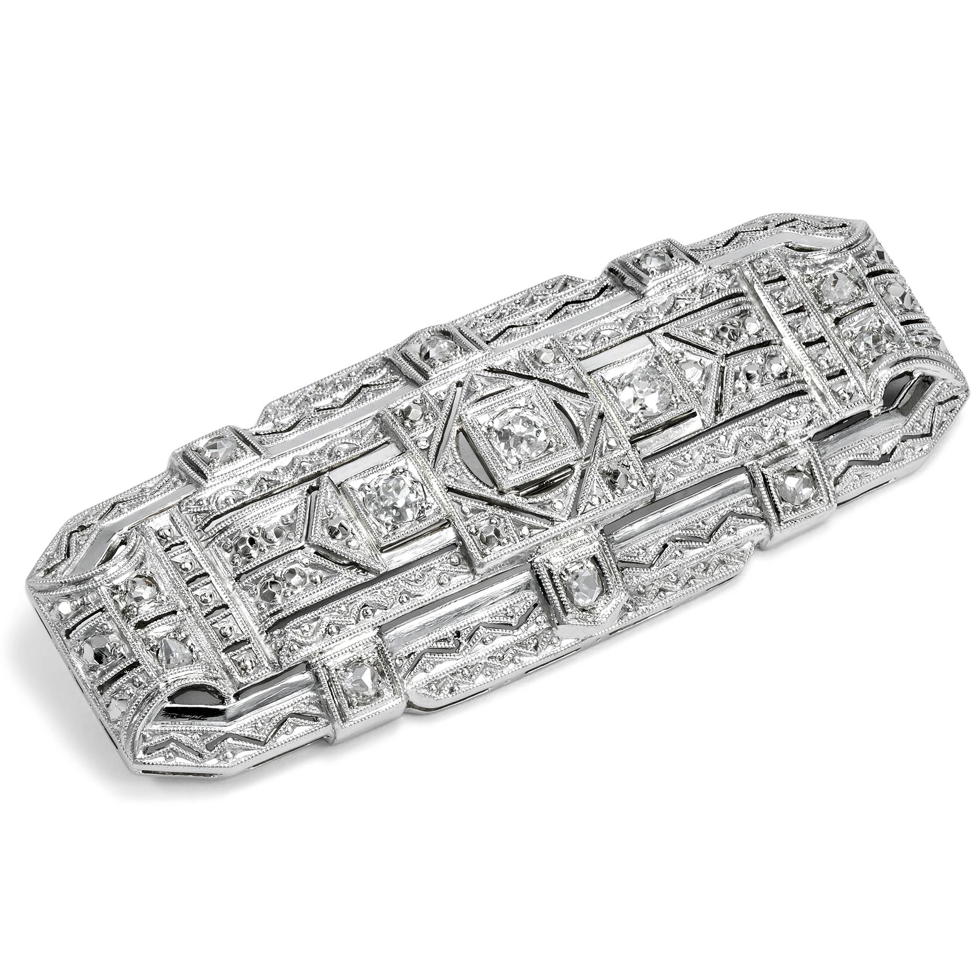 Fine Déco Diamond Brooch in White Gold, c. 1930s