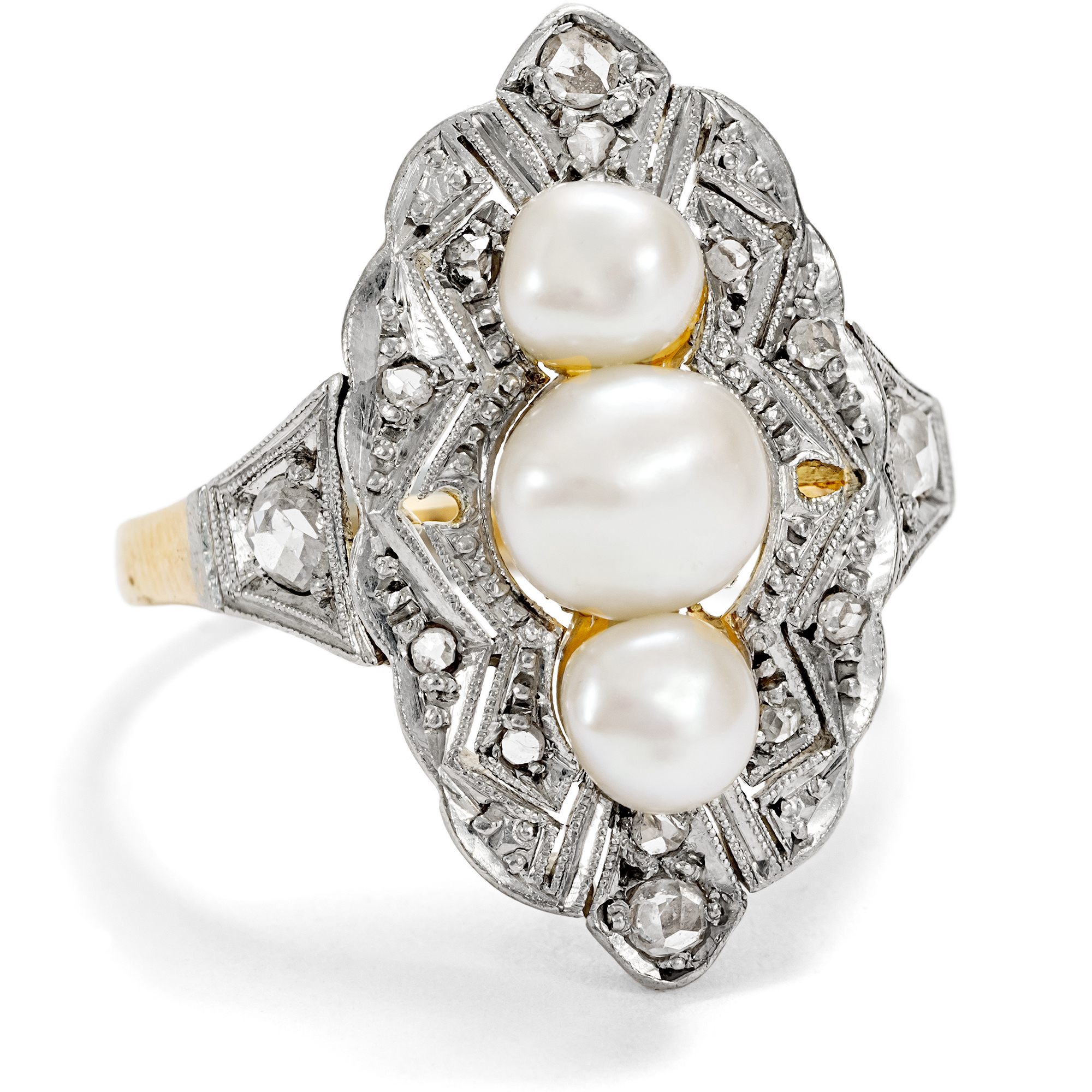 Ungewöhnlicher Art Déco Ring mit Barockperlen & Diamanten, um 1930 & später Ungewöhnlicher Art Déco Ring mit Barockperlen & Diamanten, um 1930 & später
