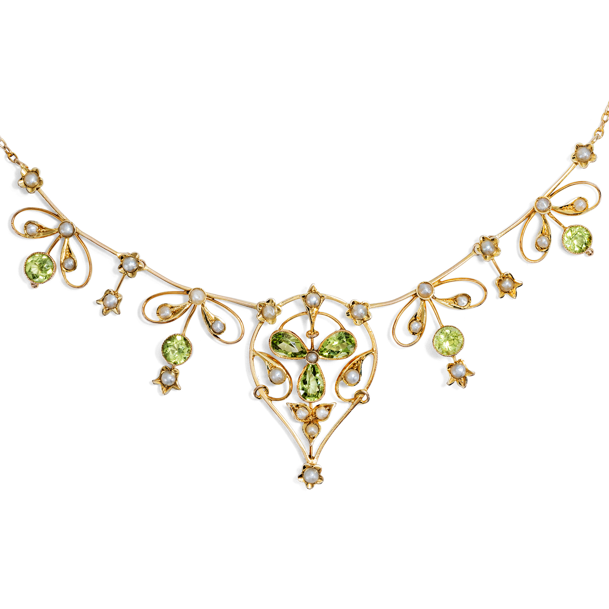 Graceful Gold Necklace with Natural Pearls & Peridots, England c. 1900