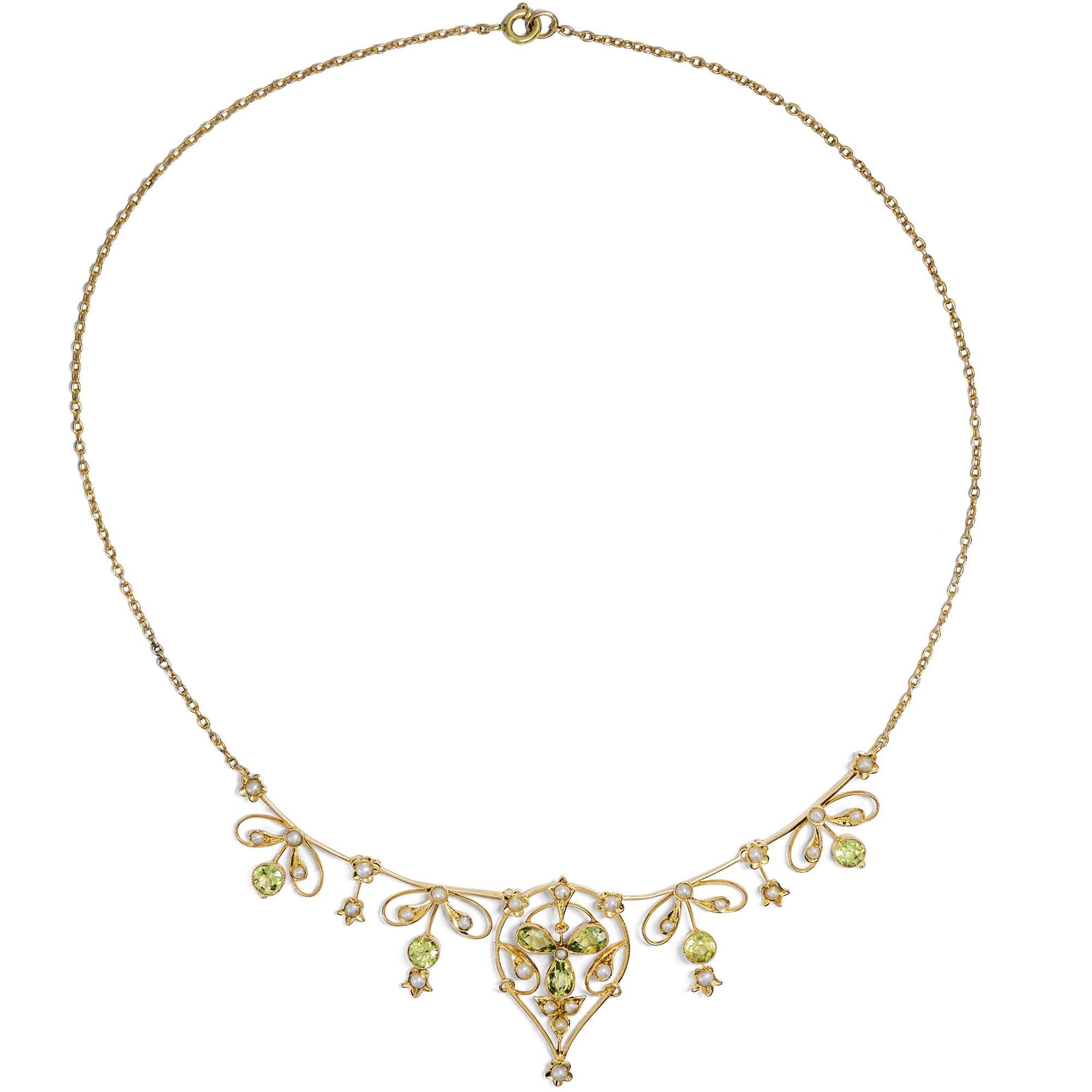 Graceful Gold Necklace with Natural Pearls & Peridots, England c. 1900