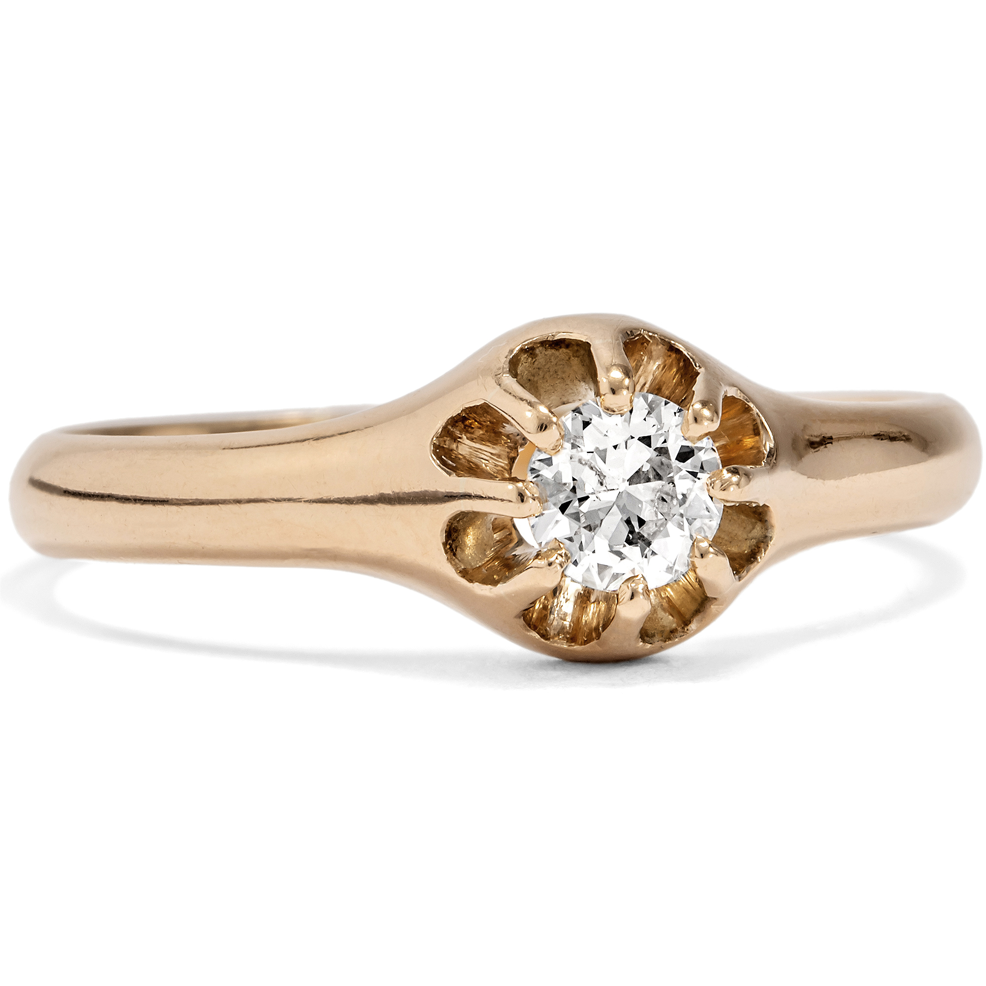 Antique Solitaire Gold Ring with Old Cut Diamond in Belcher Setting, c. 1890