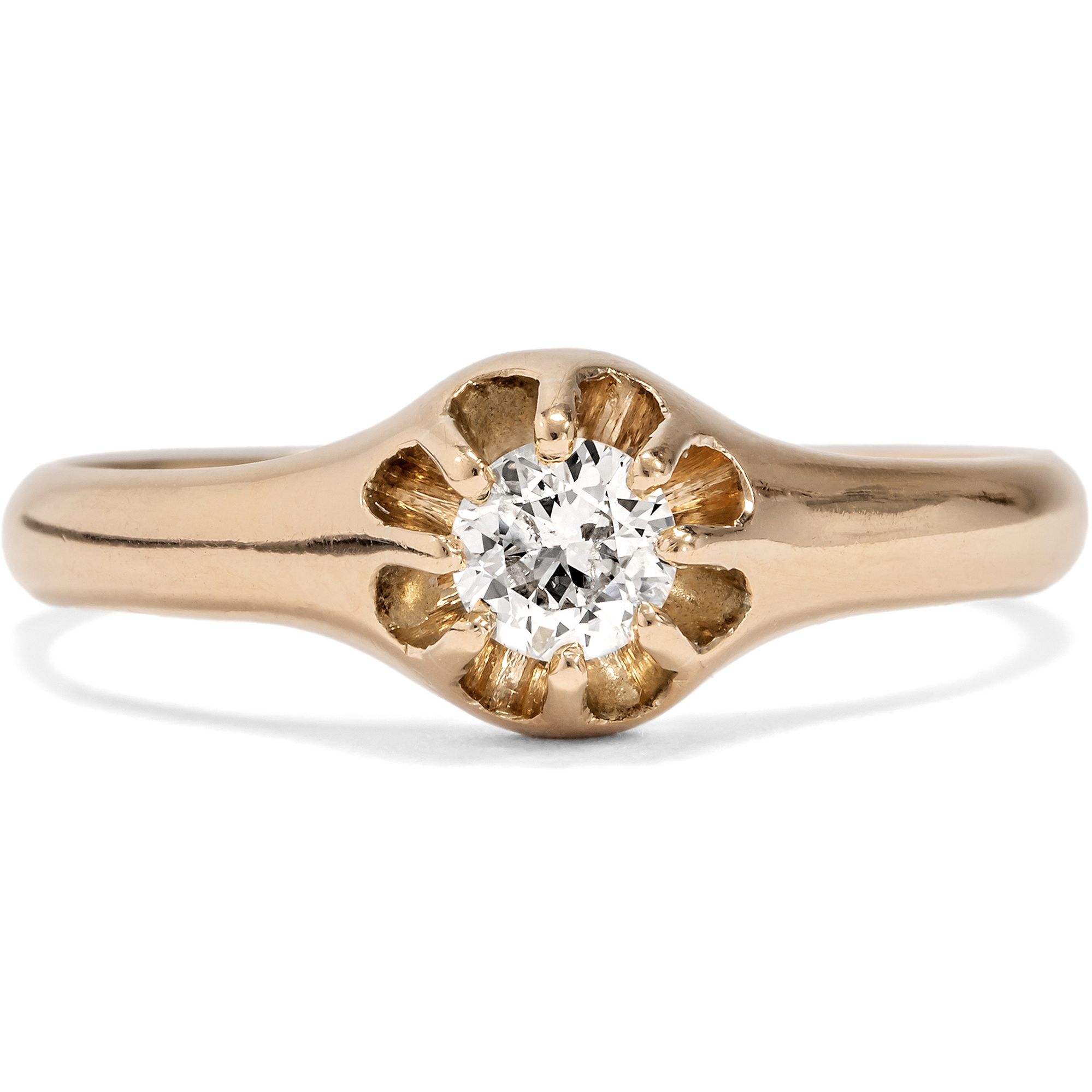 Antique Solitaire Gold Ring with Old Cut Diamond in Belcher Setting, c. 1890