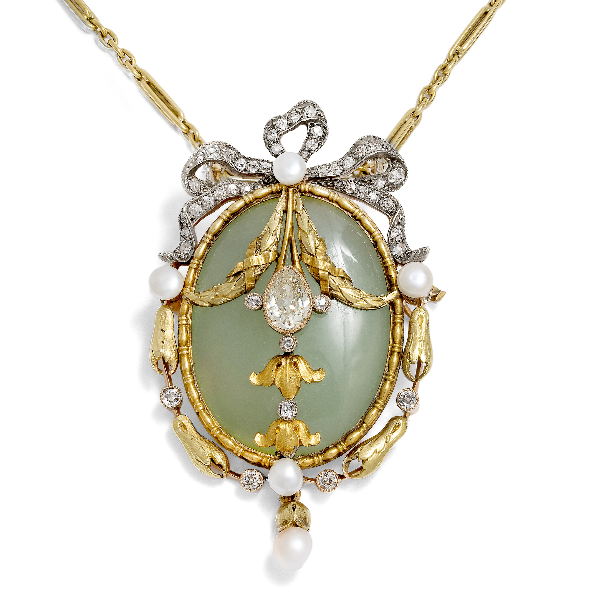 Anhänger-Brosche mit Chrysopras, Diamanten & Perlen von Hofjuwelier Hugo Schaper, Berlin um 1905 Anhänger-Brosche mit Chrysopras, Diamanten & Perlen von Hofjuwelier Hugo Schaper, Berlin um 1905