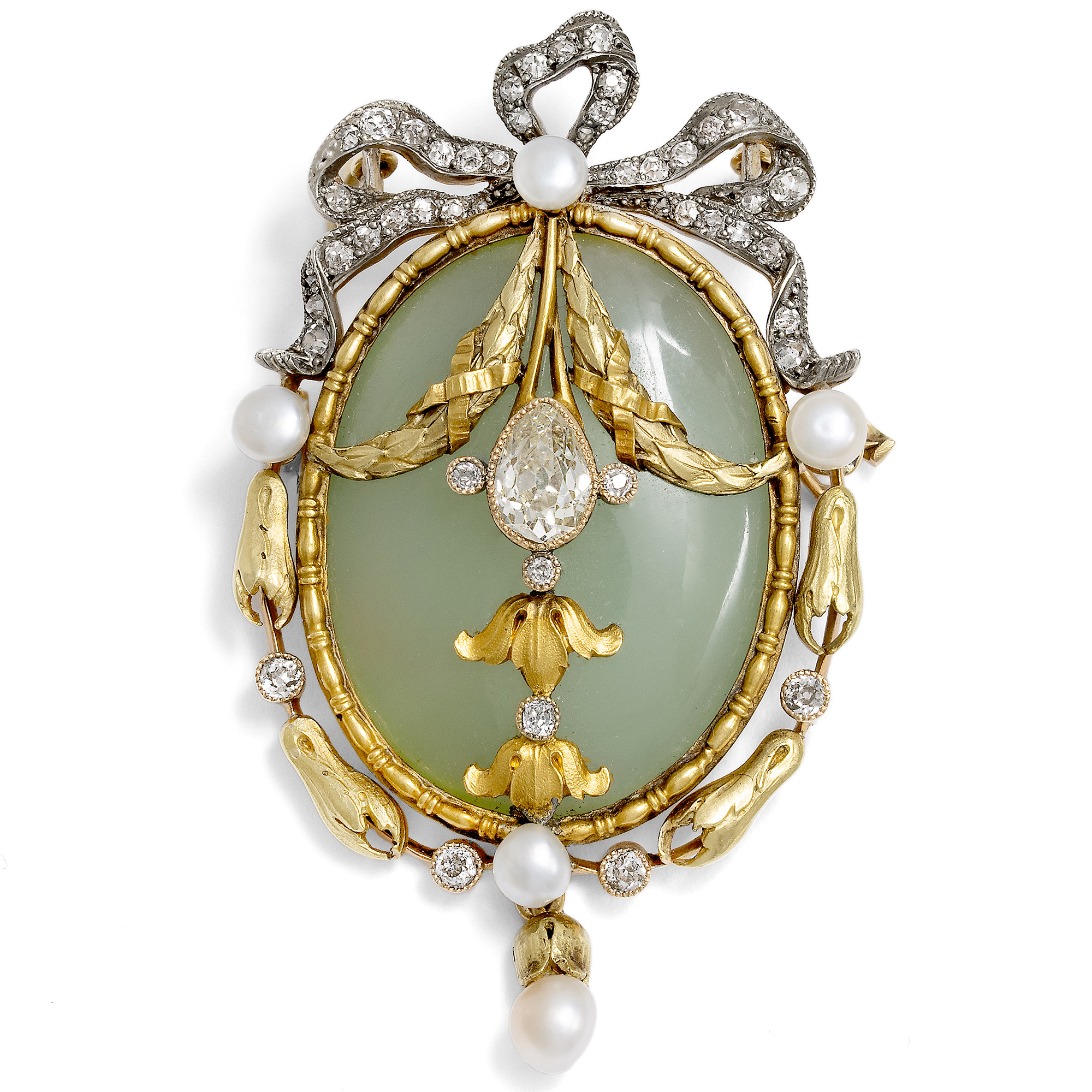 Anhänger-Brosche mit Chrysopras, Diamanten & Perlen von Hofjuwelier Hugo Schaper, Berlin um 1905 Anhänger-Brosche mit Chrysopras, Diamanten & Perlen von Hofjuwelier Hugo Schaper, Berlin um 1905