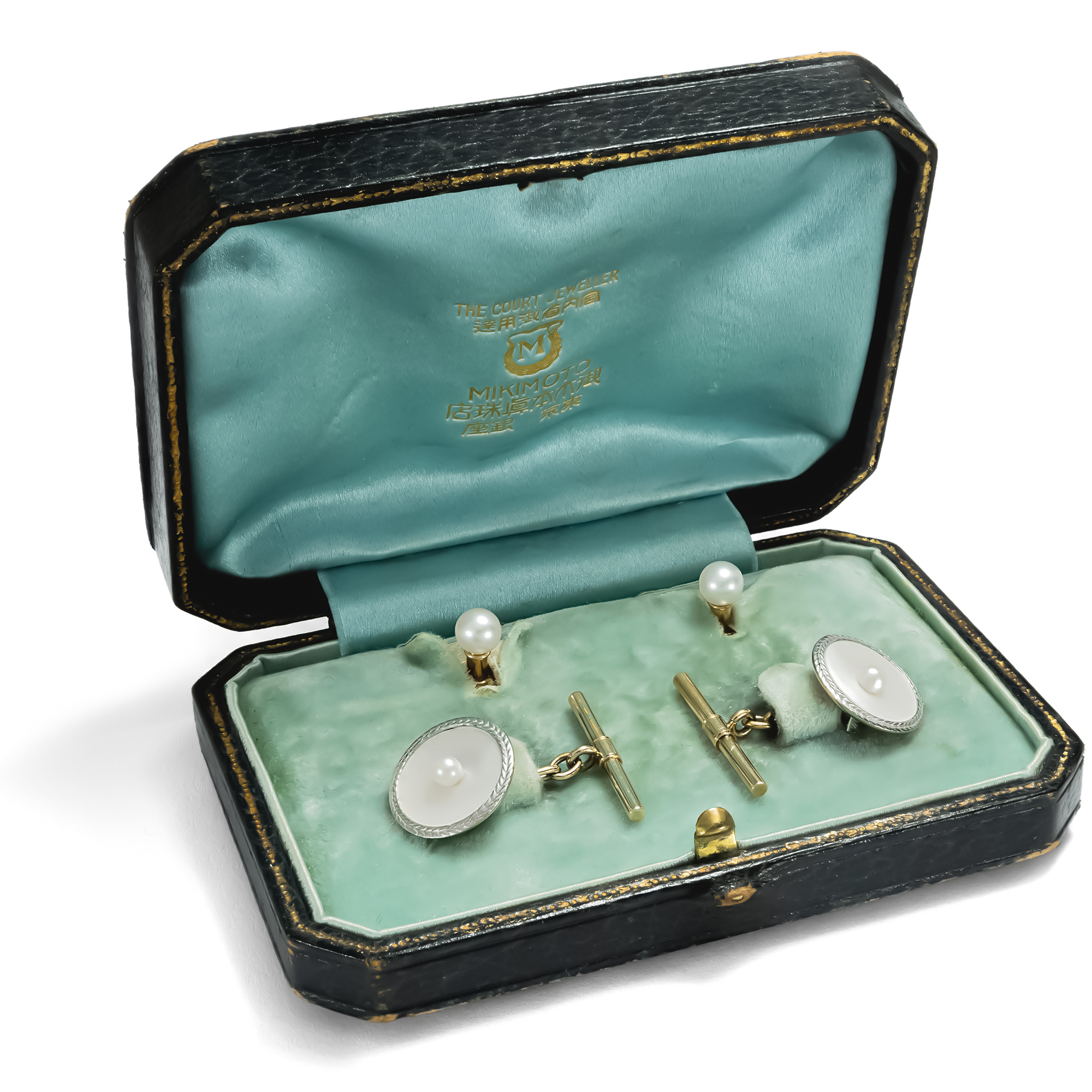 Elegant Antique Gentlemen's Dress Set with Pearls in Platinum on Gold, Mikimoto, c. 1920