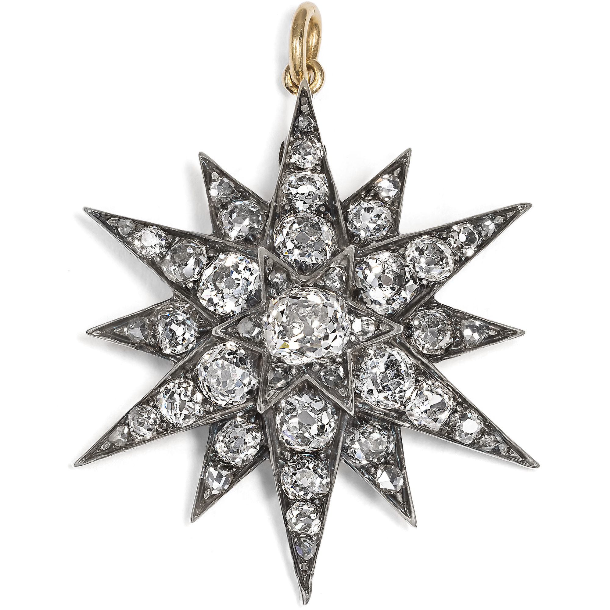 Antique Diamond Star Pendant-Brooch with Diamonds in Silver on Gold, c. 1880s