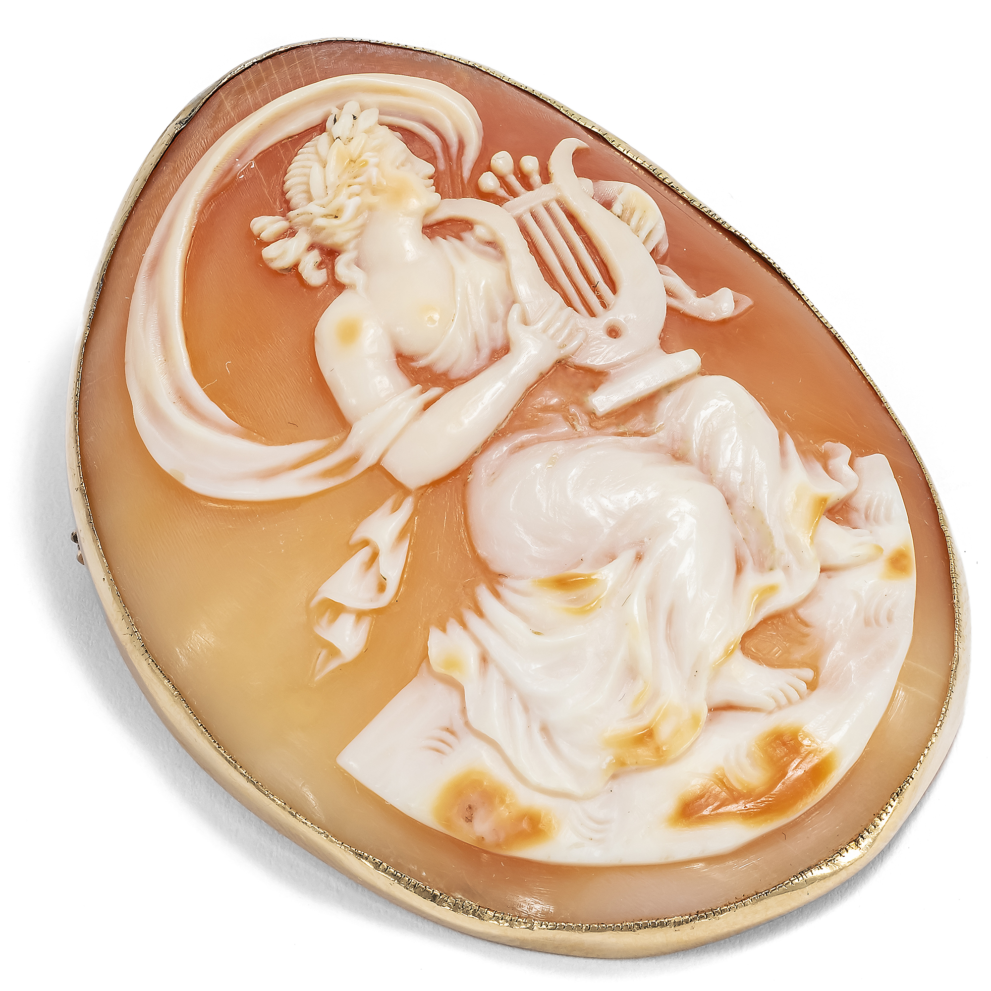 Antique Gold Brooch with Shell Cameo of Terpsichore, c. 1900