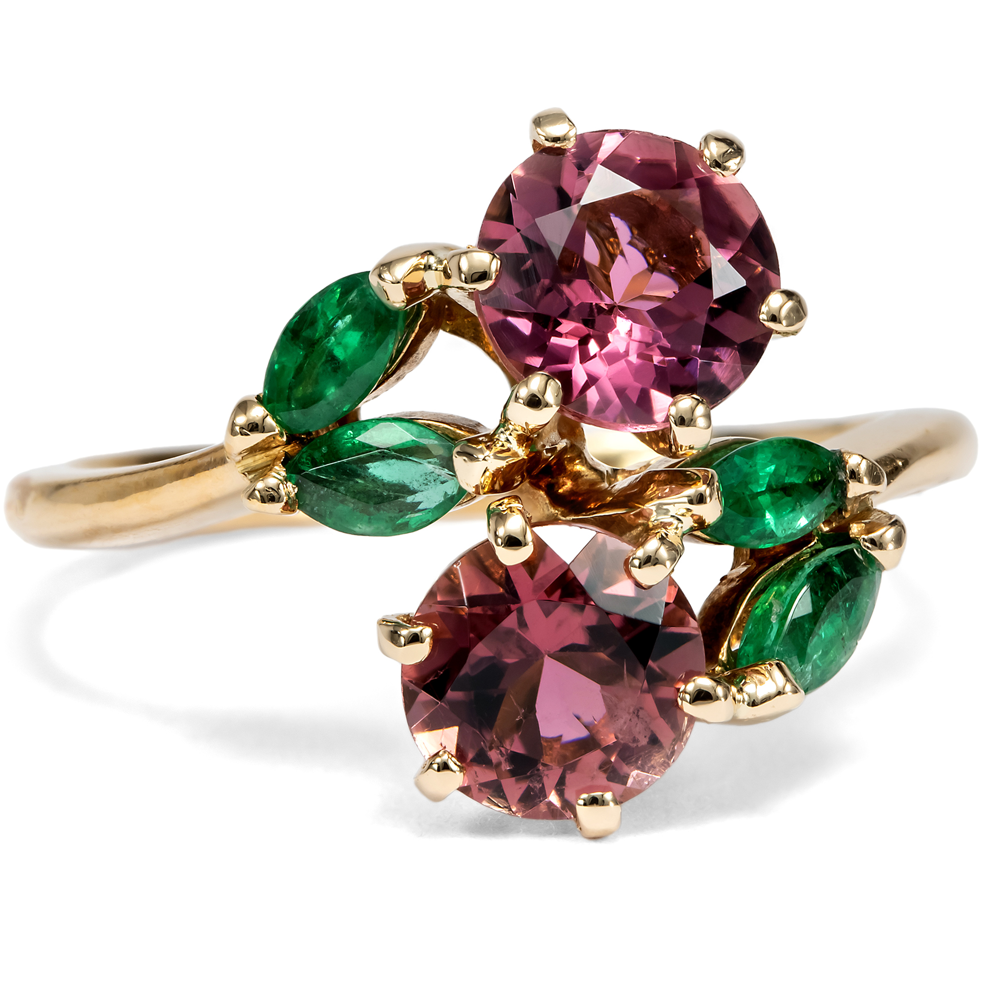 Unusual Toi-et-Moi Ring with Pink Tourmalines & Emeralds, France, c. 1985