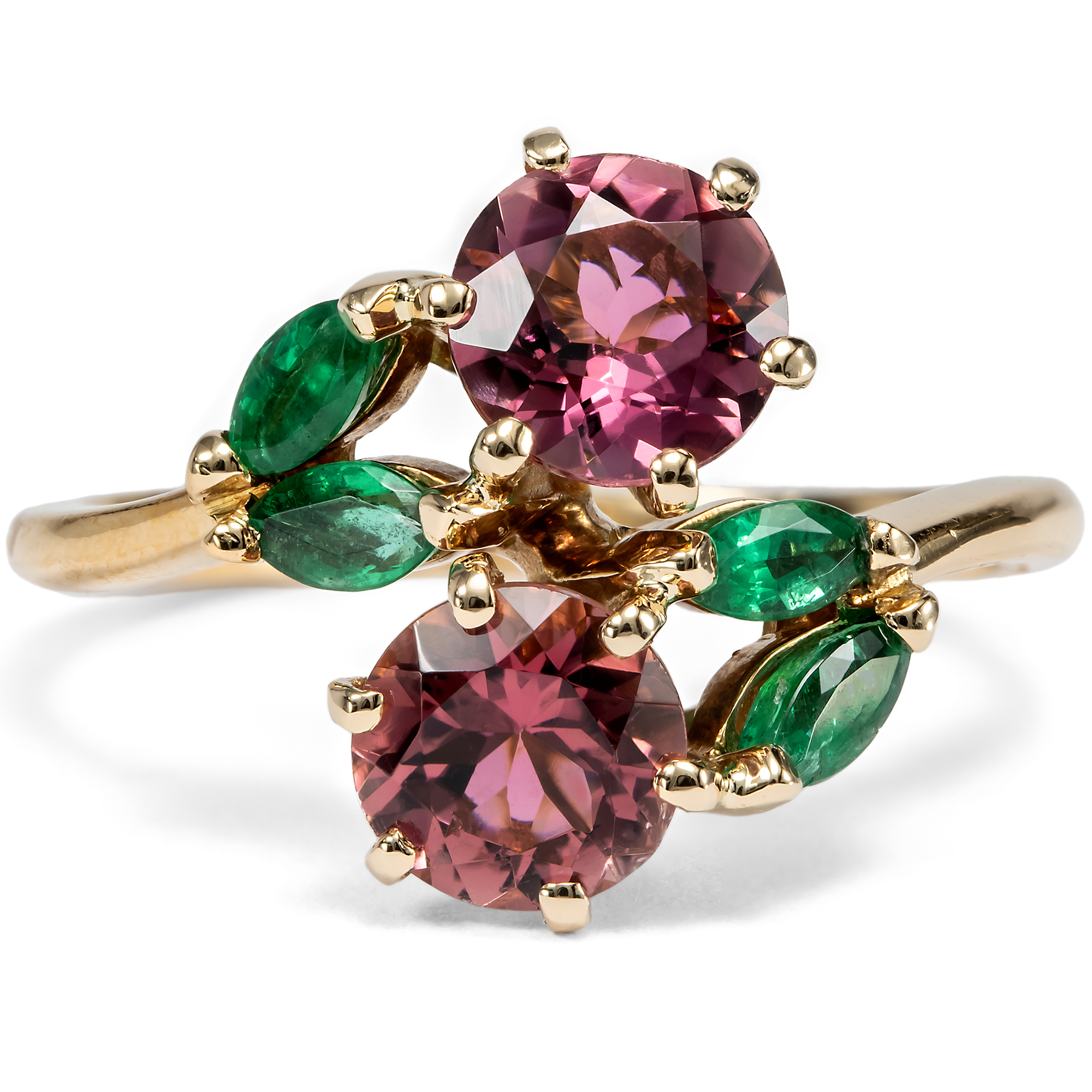 Unusual Toi-et-Moi Ring with Pink Tourmalines & Emeralds, France, c. 1985