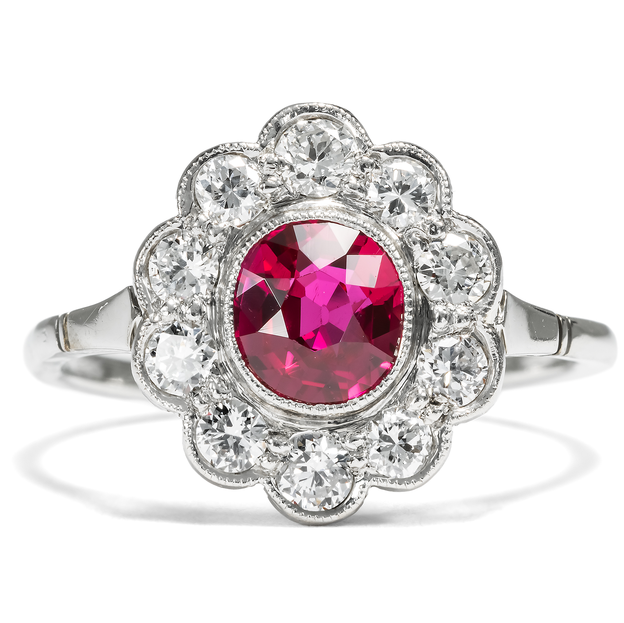 Delicate Ring with Untreated Burma Ruby & Diamonds in White Gold & Platinum, c. 1935