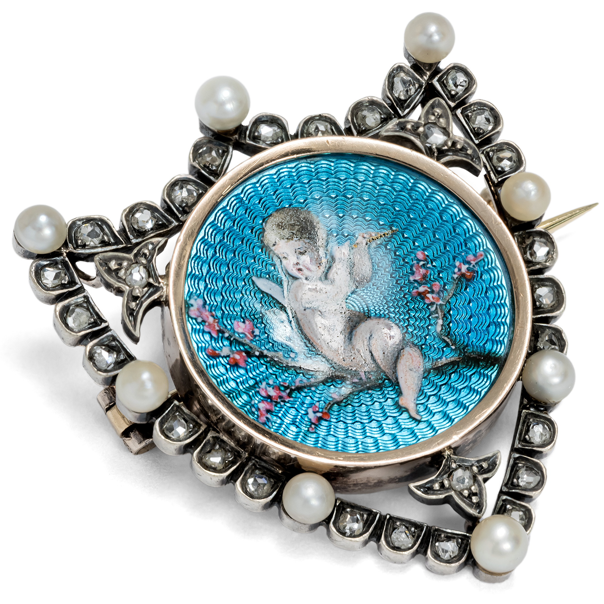 Elegante Brosche mit Emailmalerei, Diamanten & Perlen, um 1880 Elegante Brosche mit Emailmalerei, Diamanten & Perlen, um 1880
