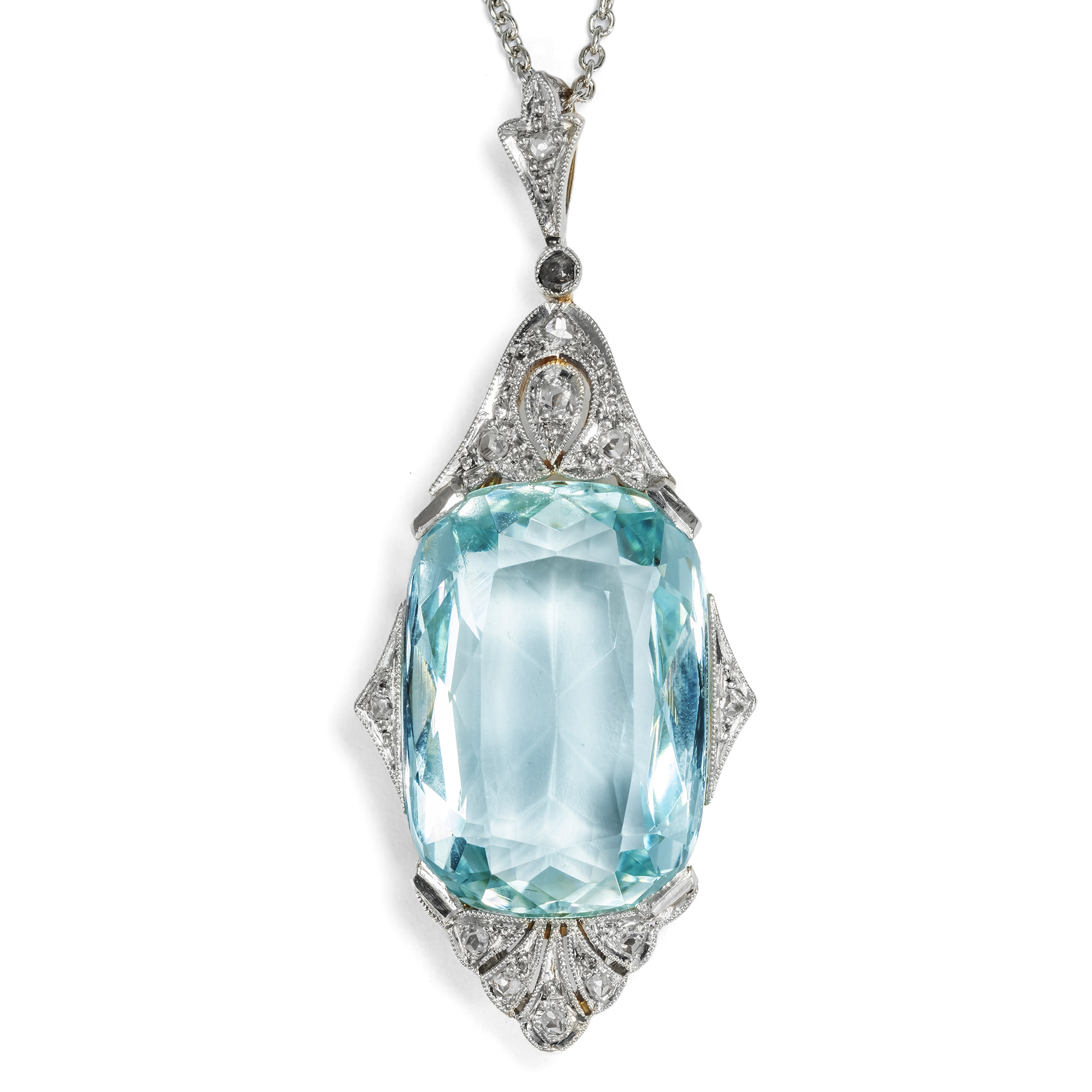 Antique Art Déco Pendant with Aquamarine & Diamonds in Platinum, c. 1930