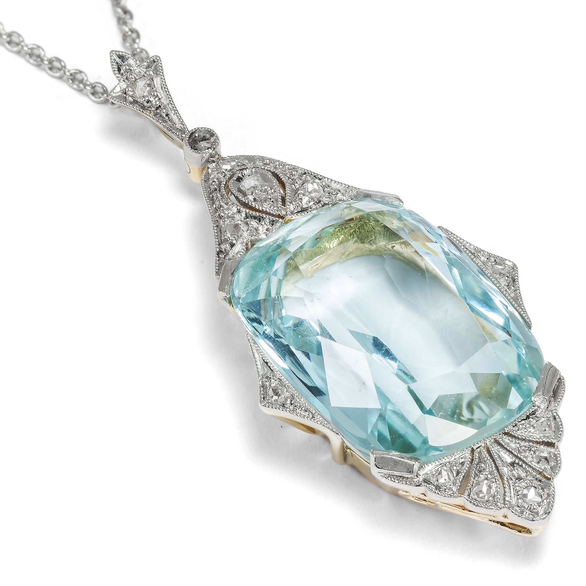 Antique Art Déco Pendant with Aquamarine & Diamonds in Platinum, c. 1930