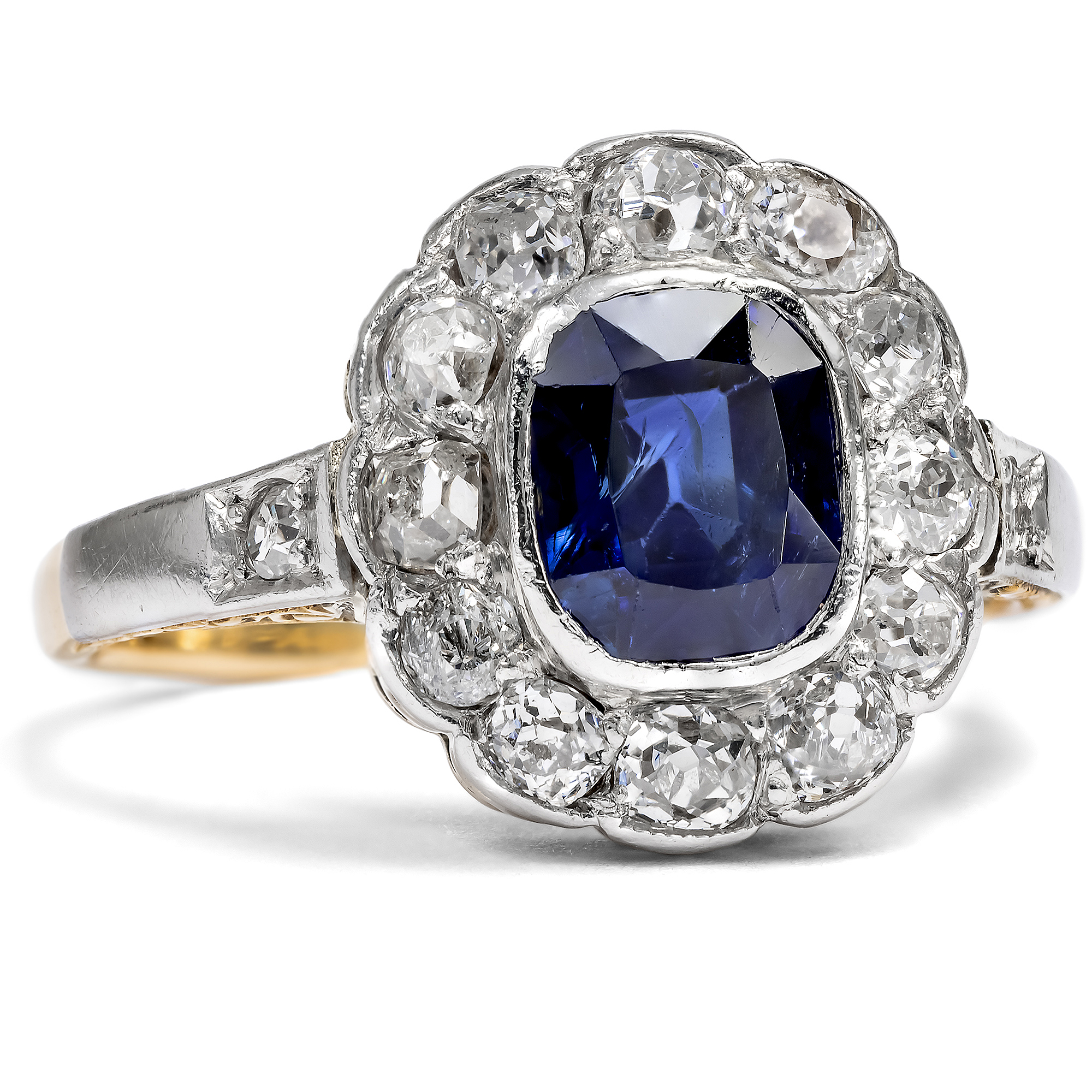 Classic Entourage Ring With Sapphire & Diamonds In Gold & Platinum, Circa 1900