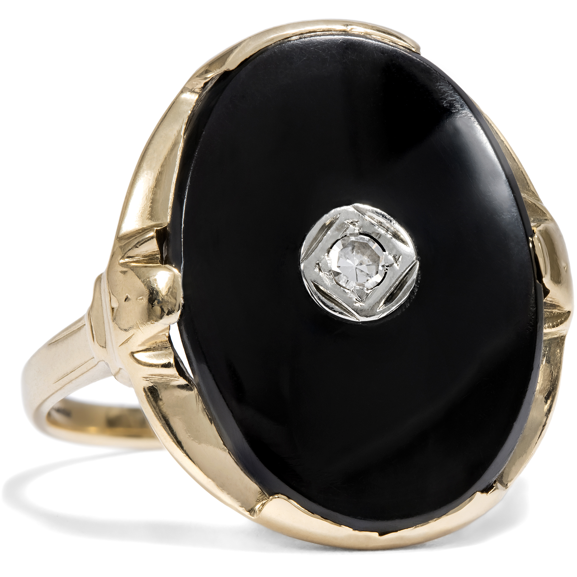 Kraftvoller Ring mit Diamant & Onyx in Gold, Deutschland um 1930