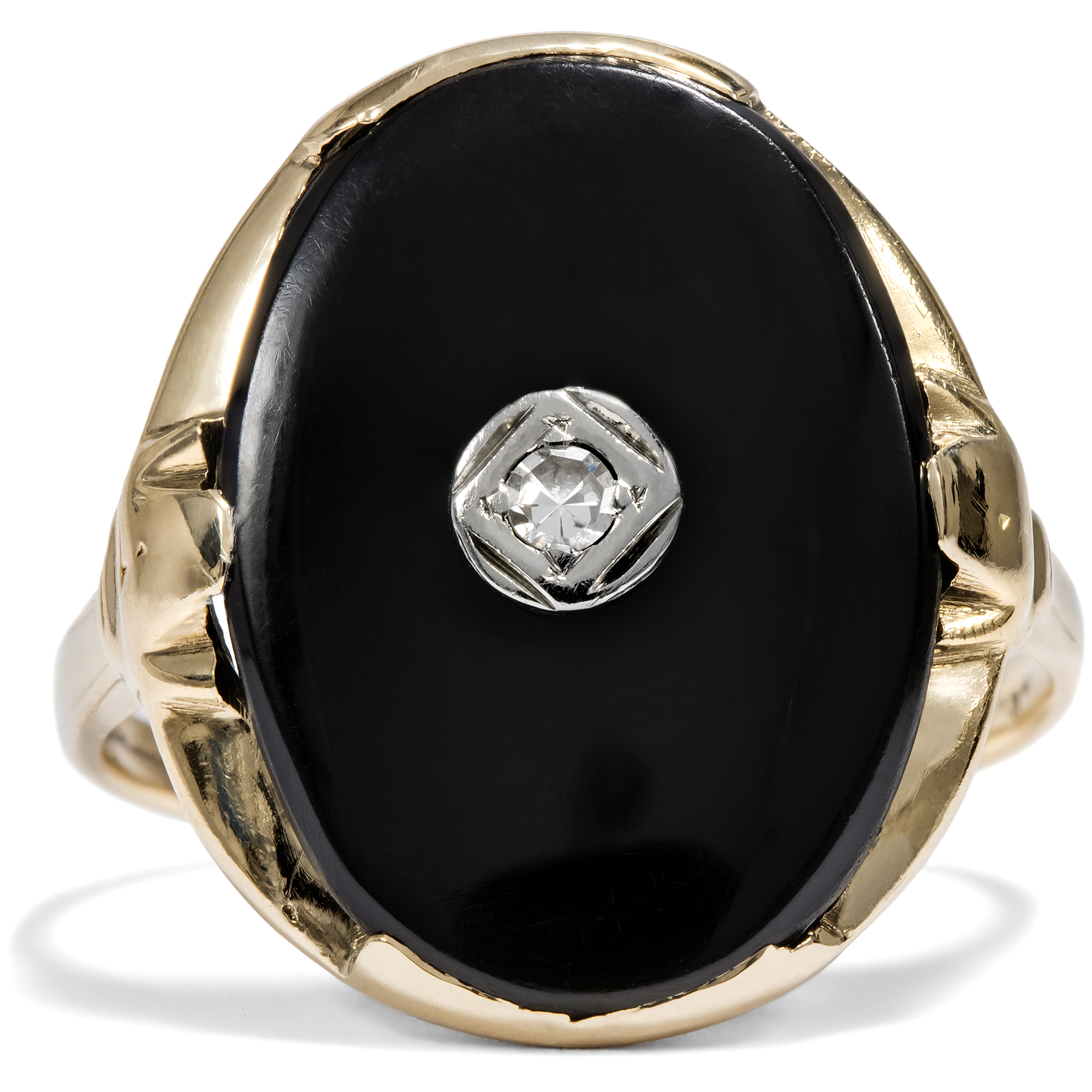 Kraftvoller Ring mit Diamant & Onyx in Gold, Deutschland um 1930