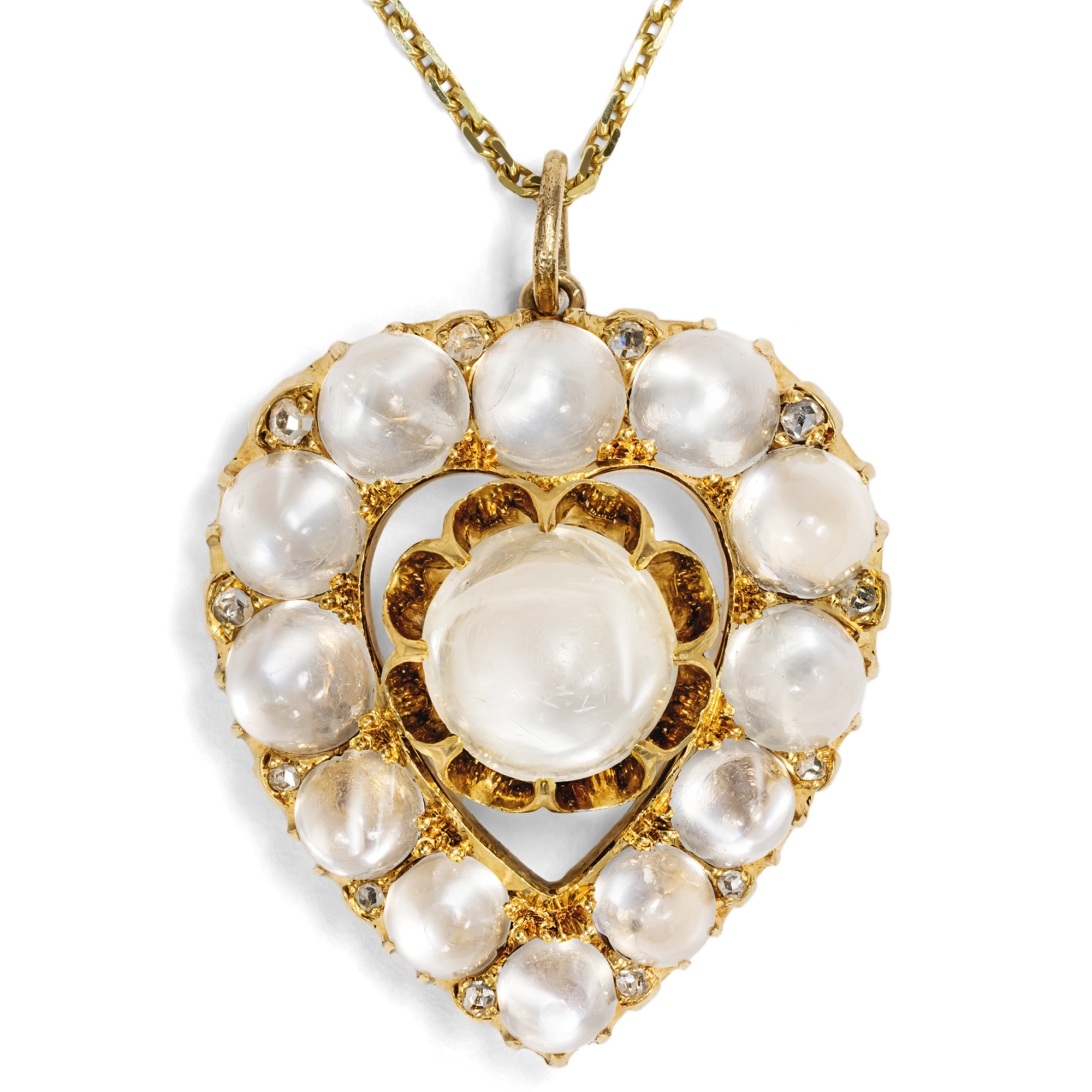 Antiker Herz-Anhänger mit Mondsteinen & Diamanten in Gold, um 1890 Antiker Herz-Anhänger mit Mondsteinen & Diamanten in Gold, um 1890