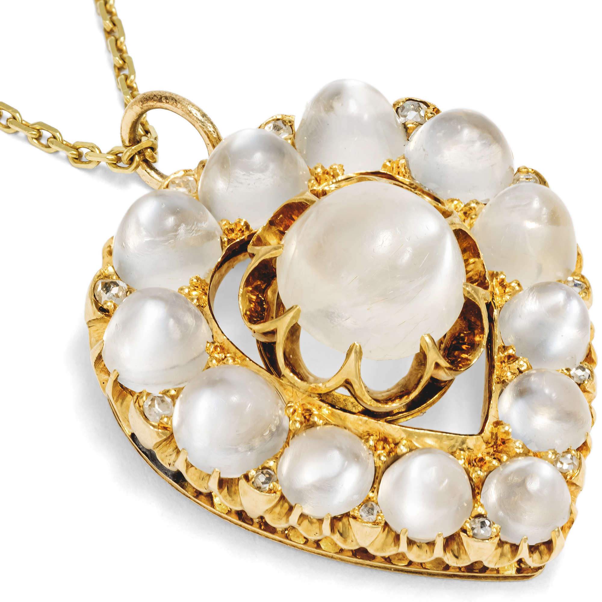 Antiker Herz-Anhänger mit Mondsteinen & Diamanten in Gold, um 1890 Antiker Herz-Anhänger mit Mondsteinen & Diamanten in Gold, um 1890