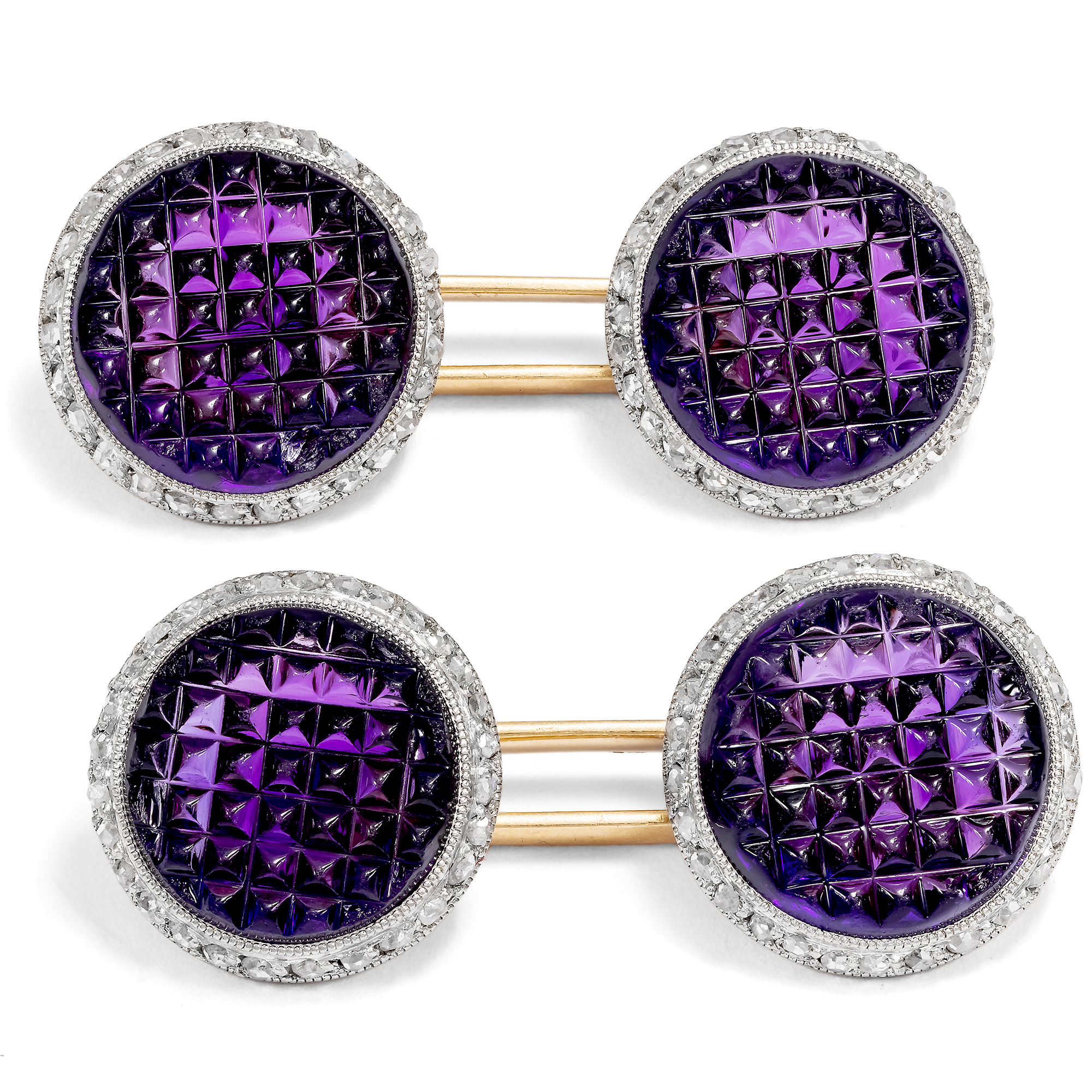 Ungewöhnliche Manschettenknöpfe des Art Deco mit Amethysten & Diamanten, um 1925 Ungewöhnliche Manschettenknöpfe des Art Deco mit Amethysten & Diamanten, um 1925