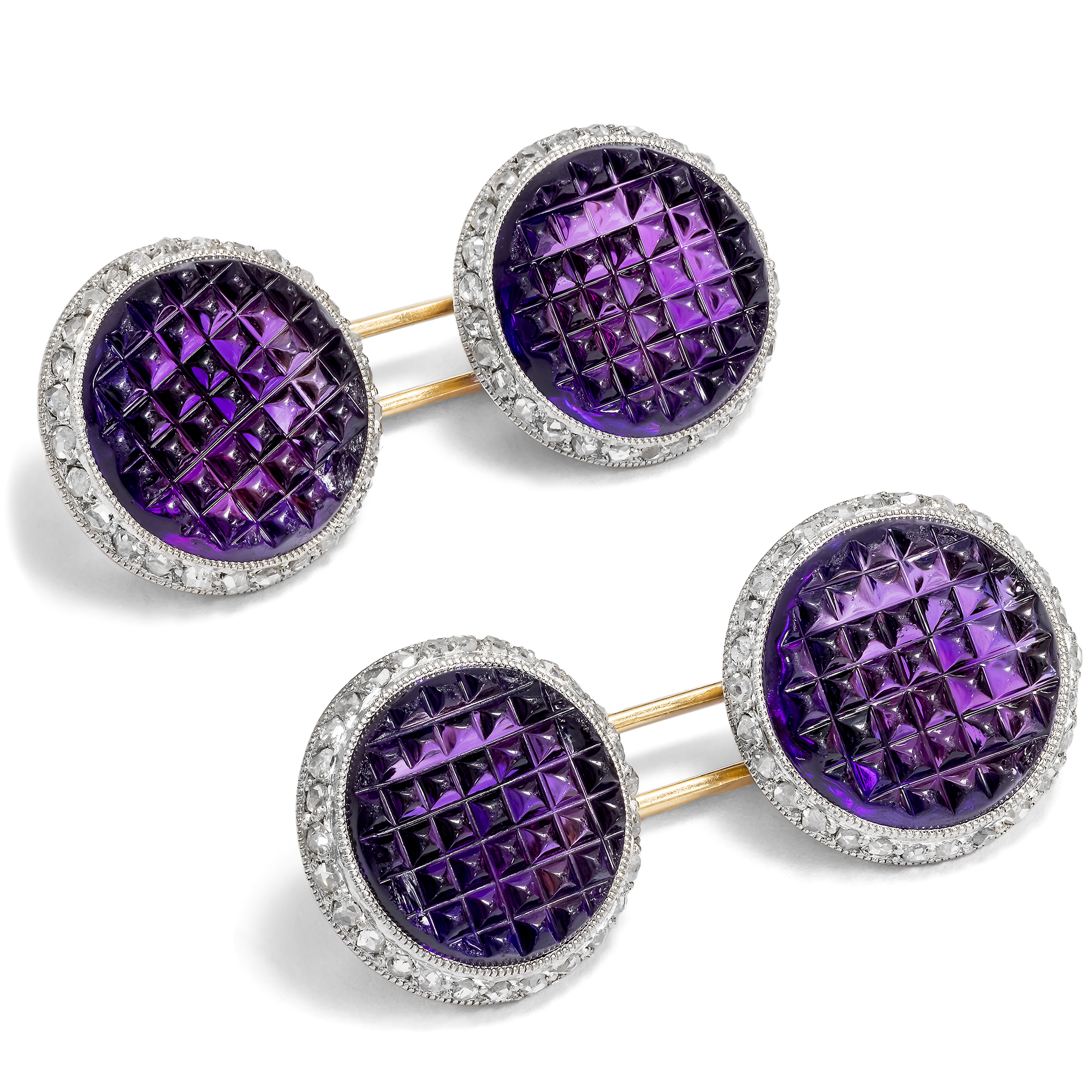 Ungewöhnliche Manschettenknöpfe des Art Deco mit Amethysten & Diamanten, um 1925 Ungewöhnliche Manschettenknöpfe des Art Deco mit Amethysten & Diamanten, um 1925