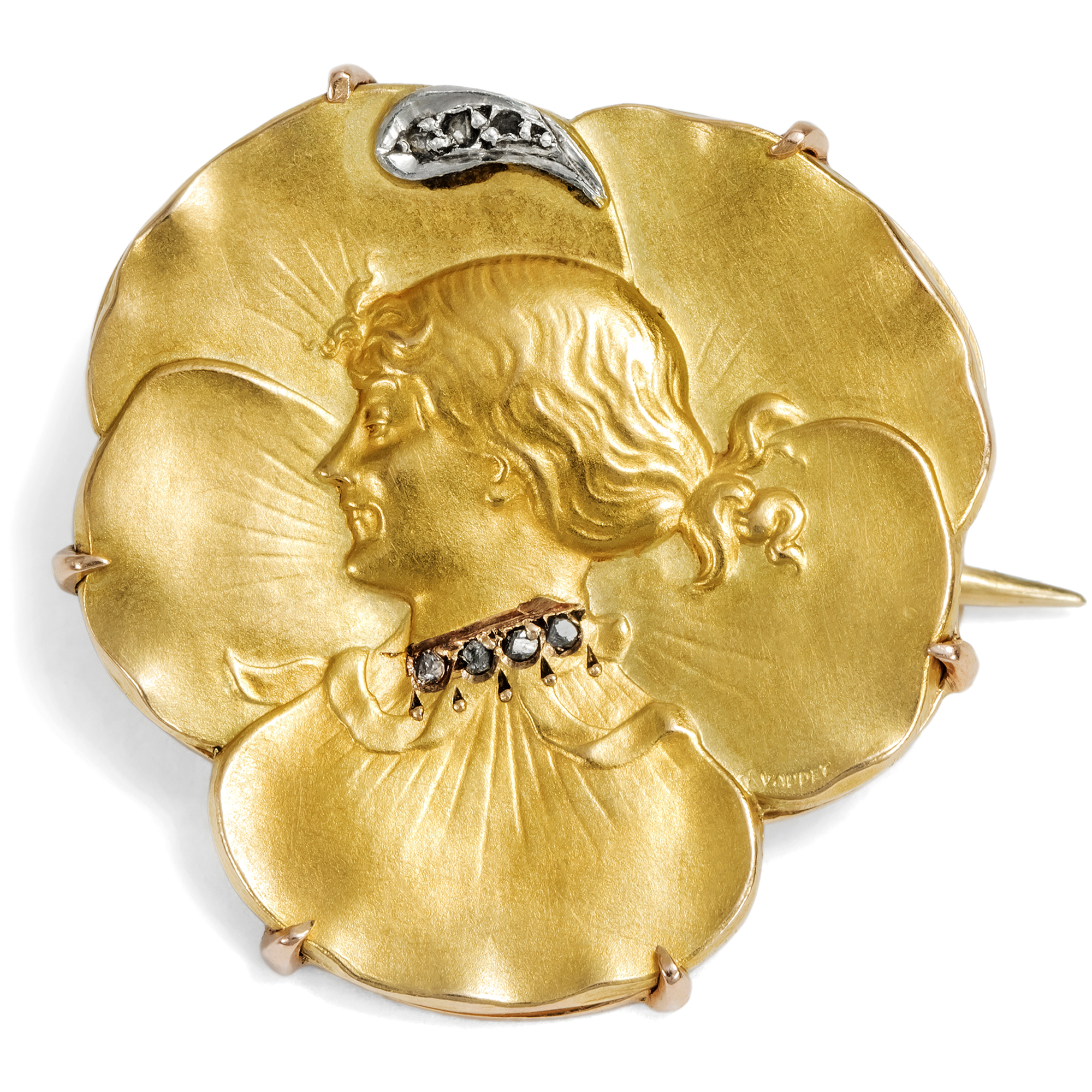 Fine Art Nouveau Brooch by Auguste Vaudet in Gold & Diamonds, Paris, c. 1900 Fine Art Nouveau Brooch by Auguste Vaudet in Gold & Diamonds, Paris, c. 1900