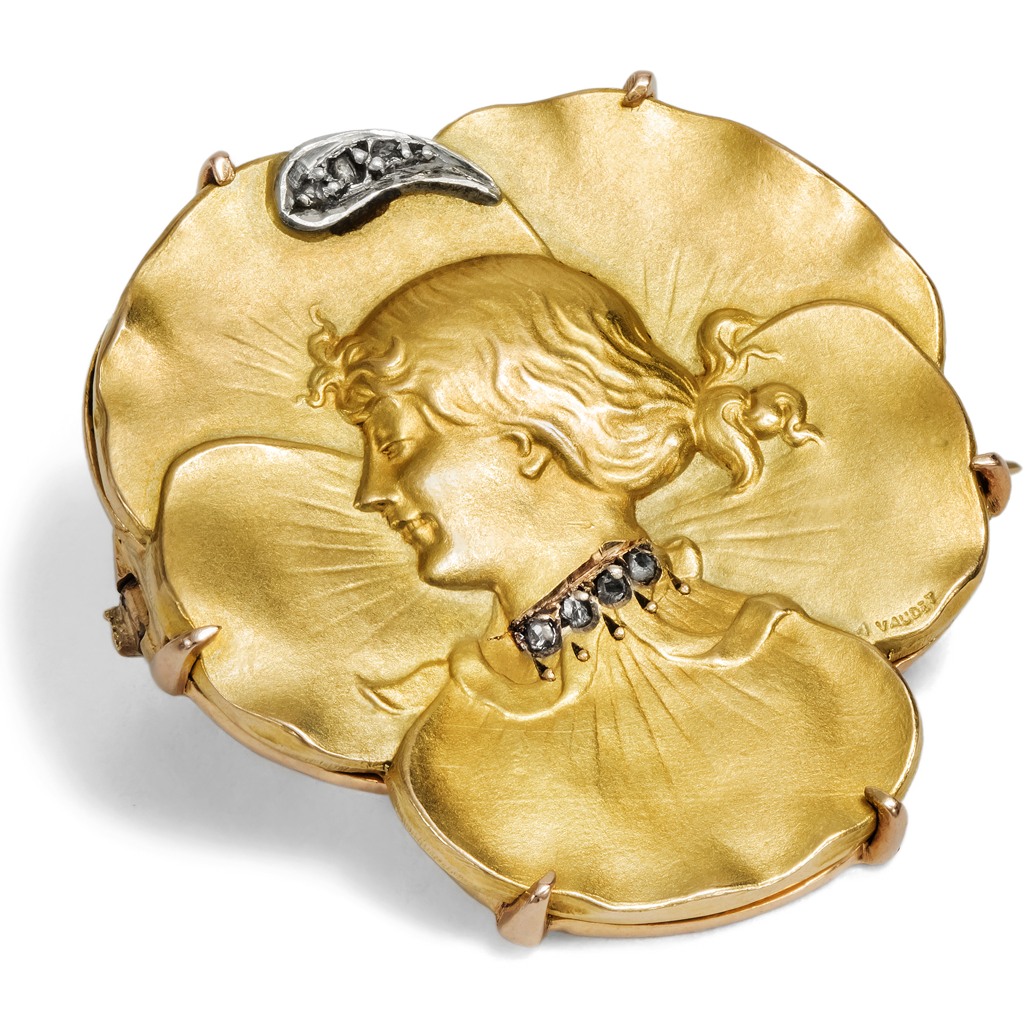 Fine Art Nouveau Brooch by Auguste Vaudet in Gold & Diamonds, Paris, c. 1900 Fine Art Nouveau Brooch by Auguste Vaudet in Gold & Diamonds, Paris, c. 1900
