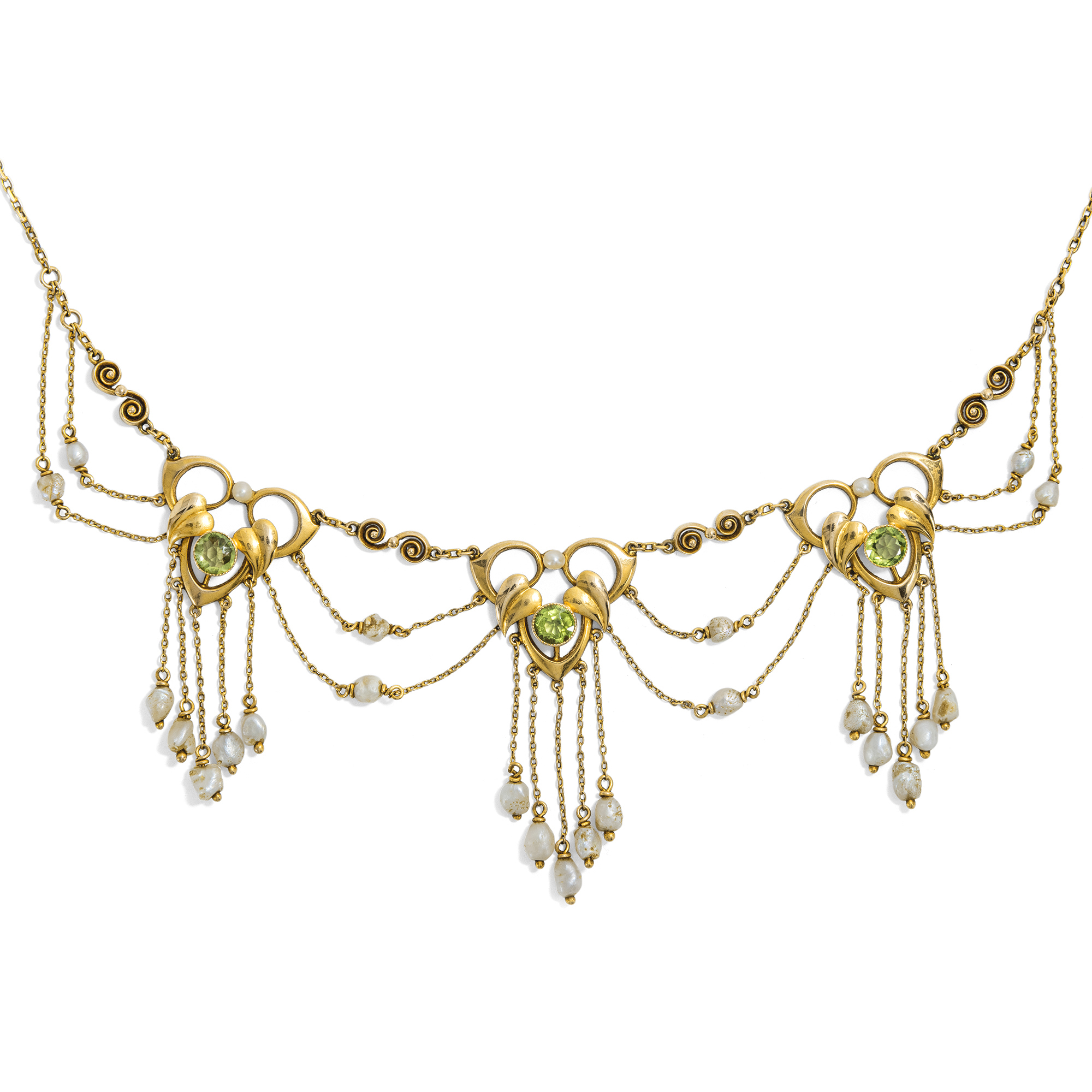 Antique Peridot and Seed Pearl Necklace in Gold, British, c. 1905