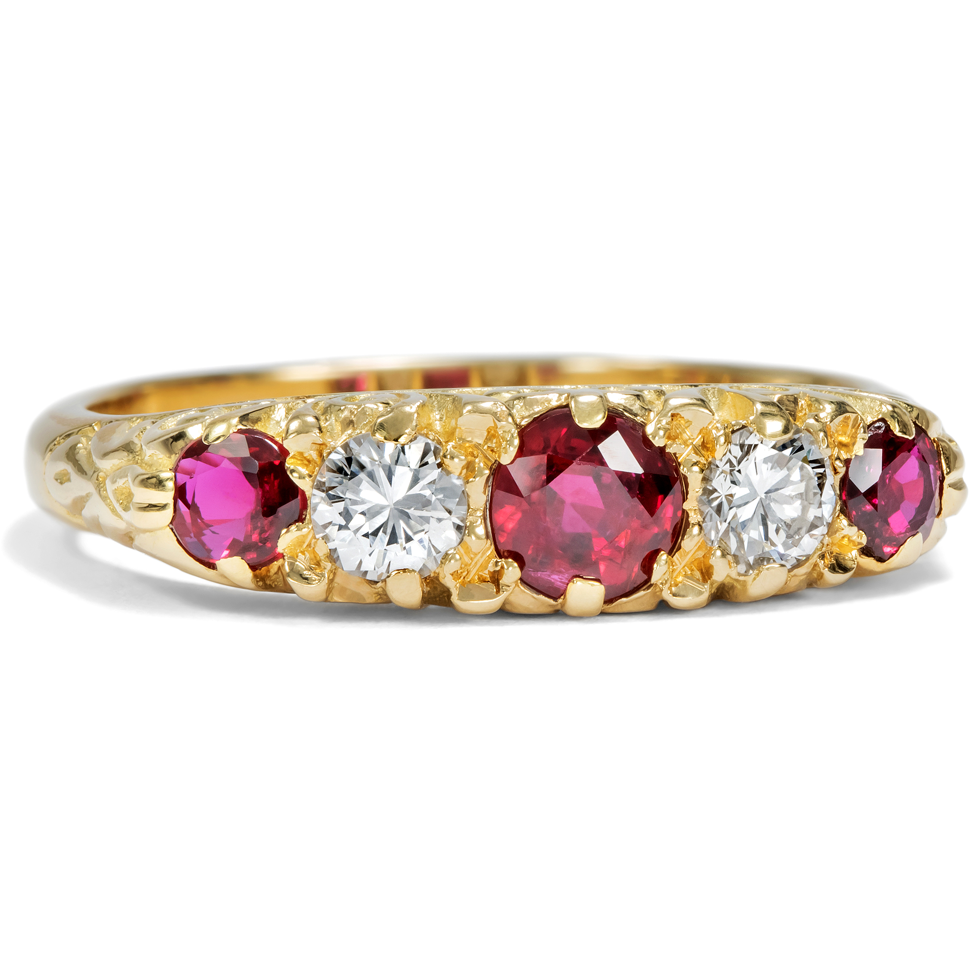 Victorian-Style Five Stone Ring with Rubies and Diamonds, c. 1980s