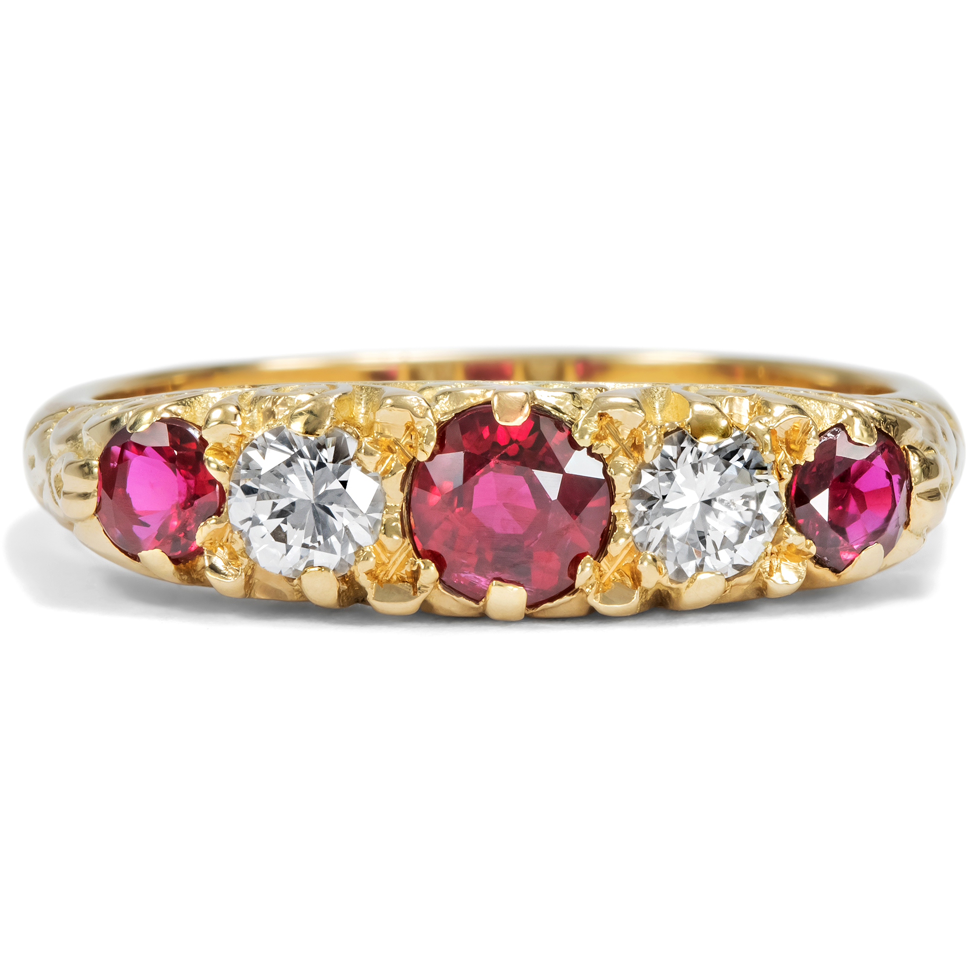 Victorian-Style Five Stone Ring with Rubies and Diamonds, c. 1980s