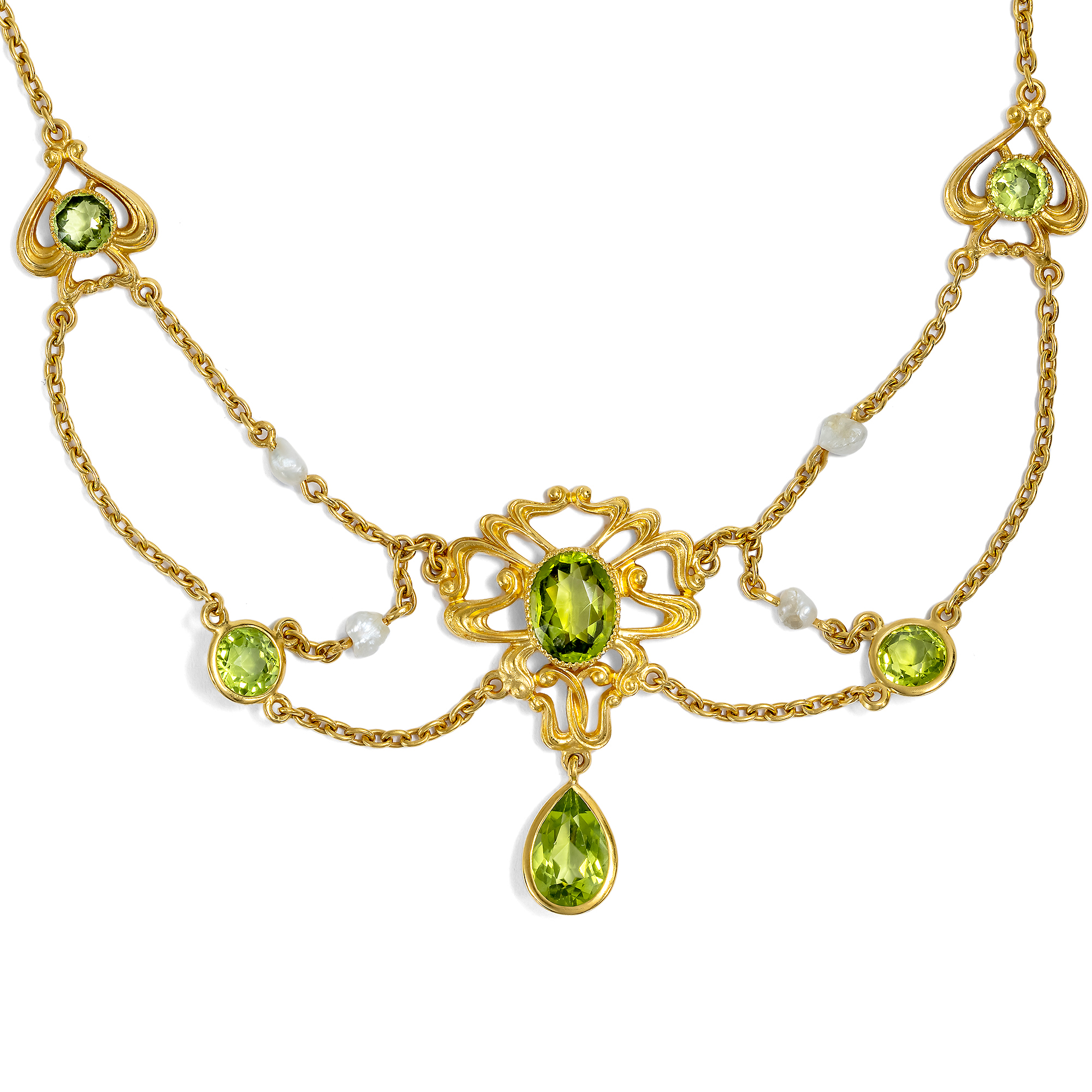 Charming Art Nouveau necklace with peridots & Mississippi pearls in gold, USA circa 1900