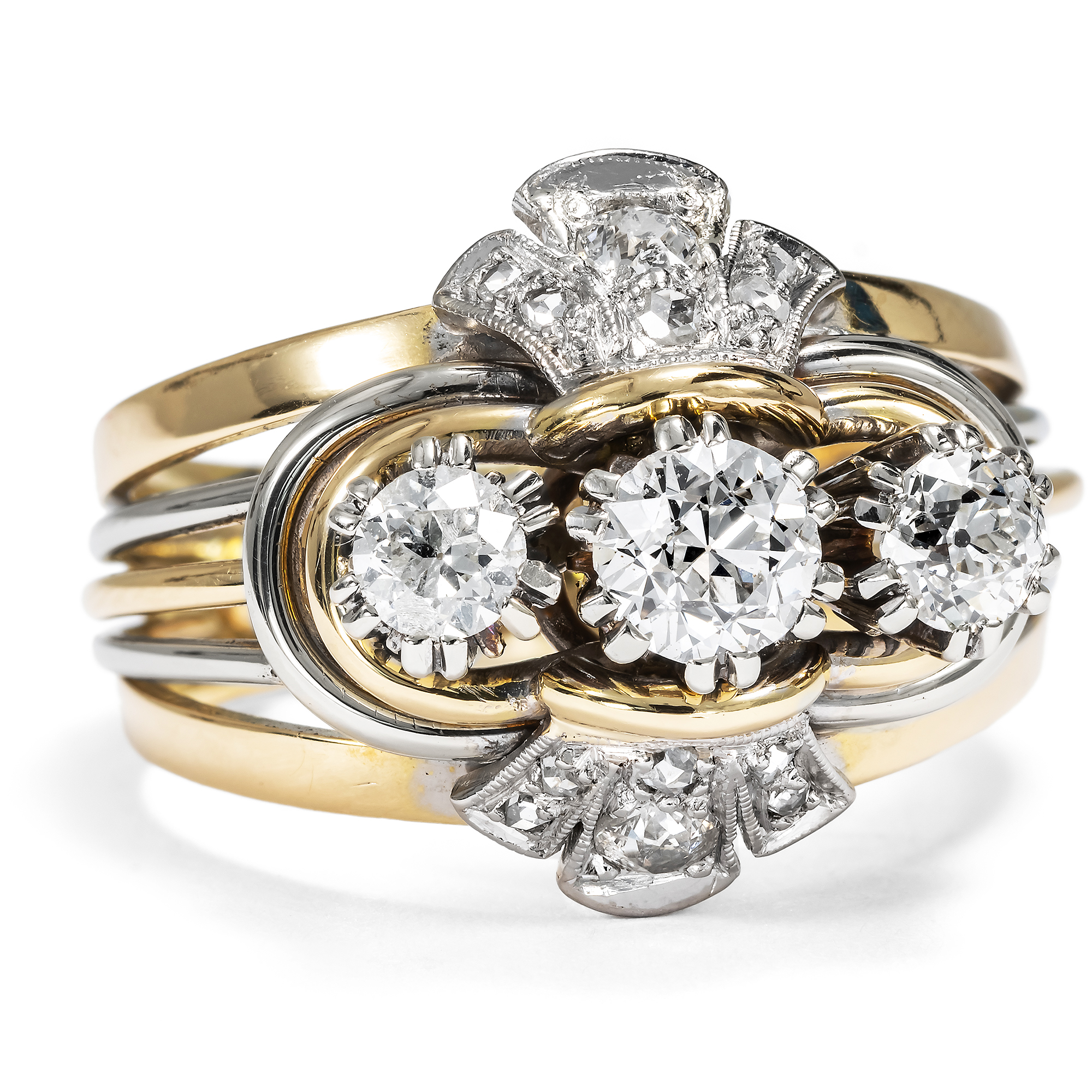 Opulent Retro Style Diamond Ring in Two-Tone Gold, c. 1950s