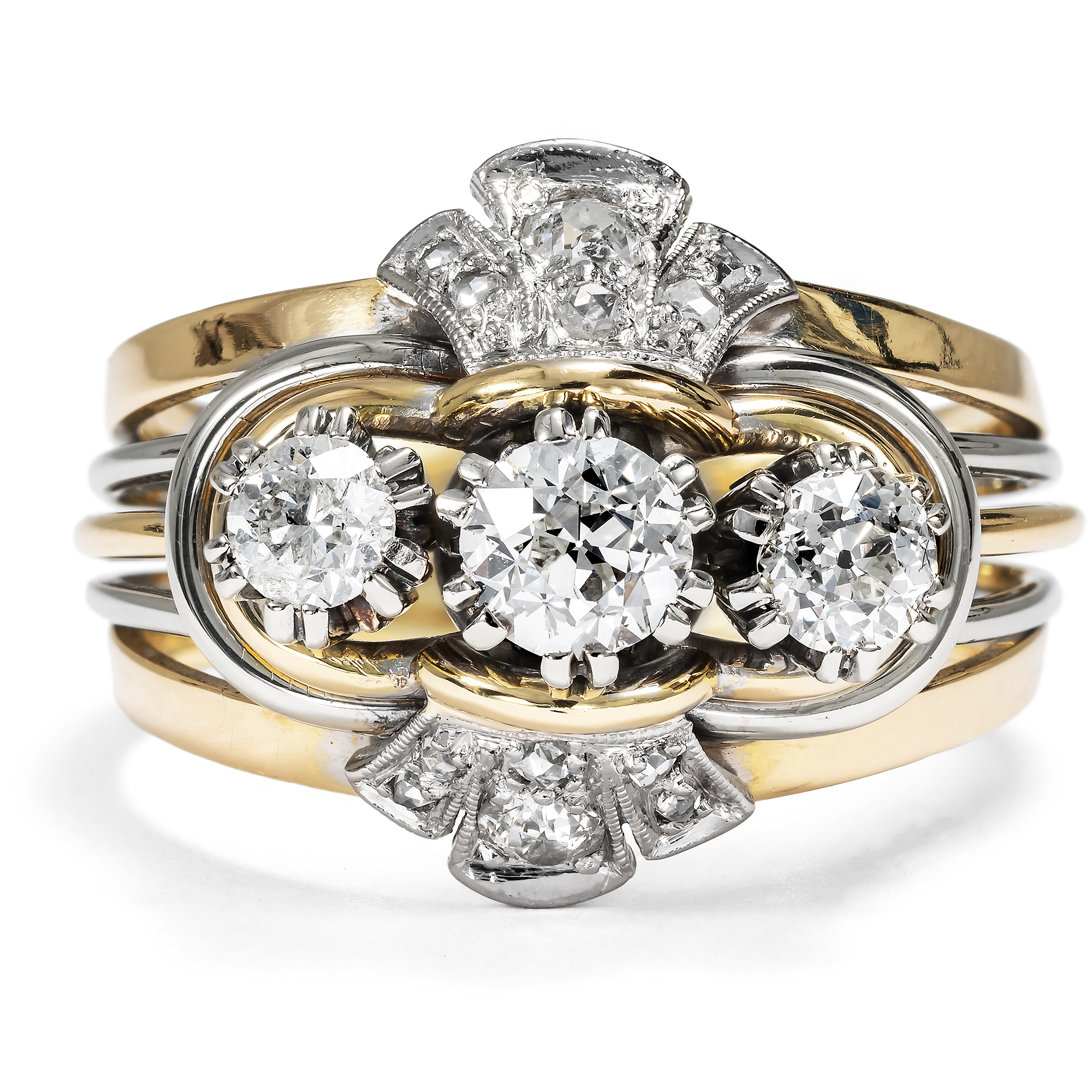 Opulent Retro Style Diamond Ring in Two-Tone Gold, c. 1950s