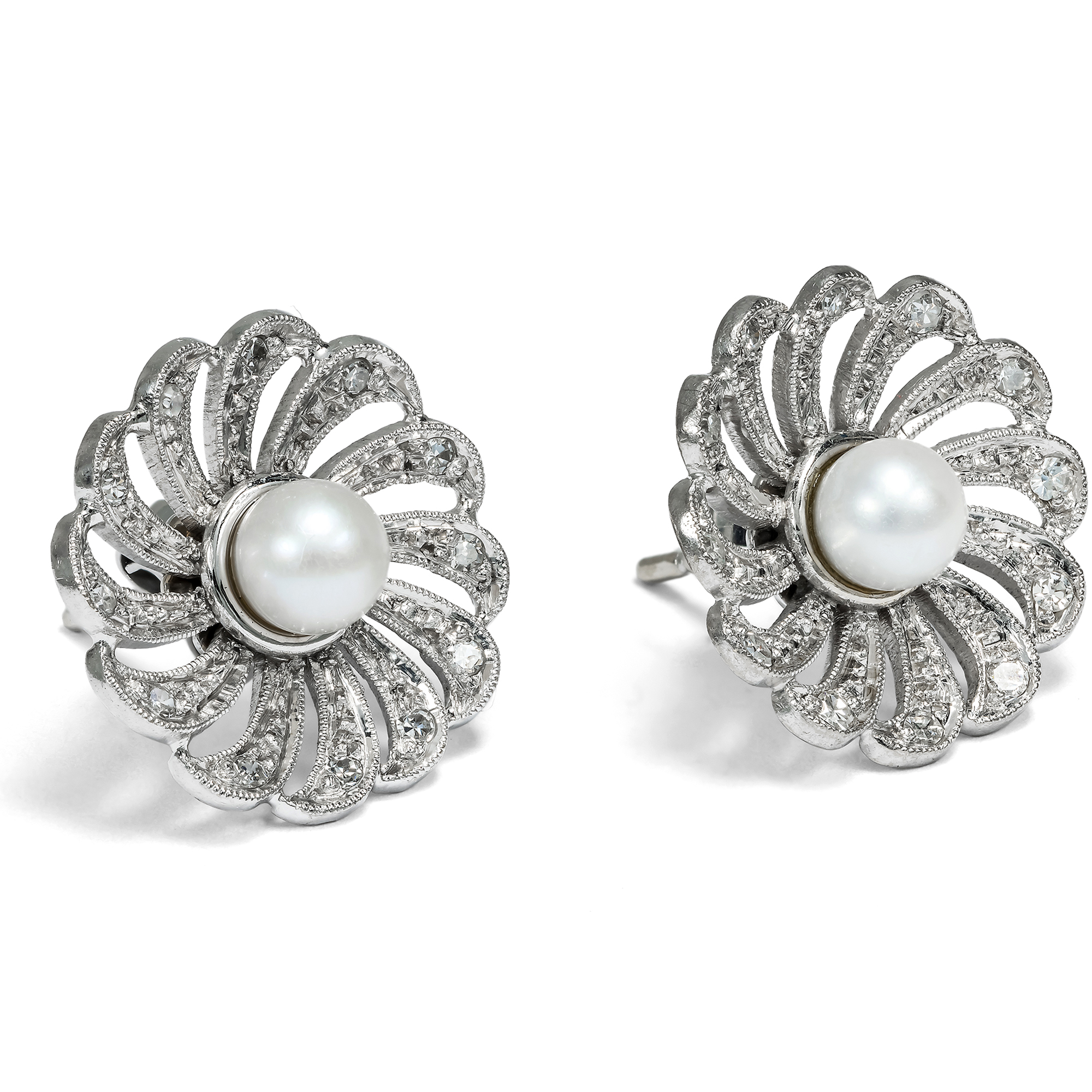 Vintage Blossom Stud Earrings with Pearls & Diamonds in Platinum, c. 1950s