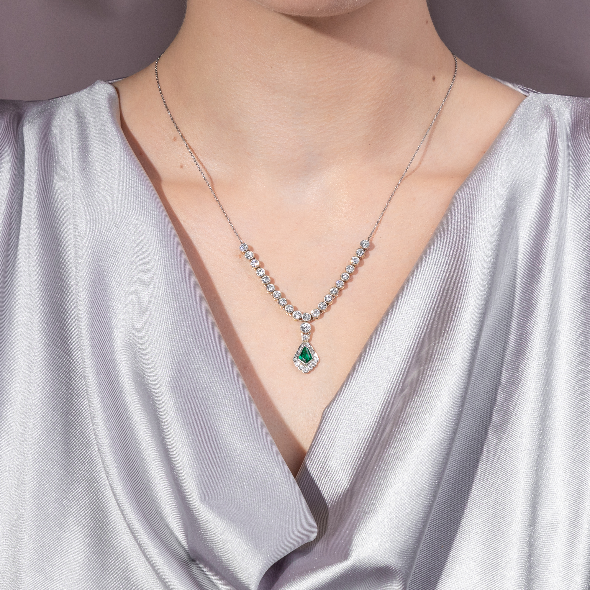 Elegant Necklace with Emerald & Diamonds Made of Antique Elements Elegant Necklace with Emerald & Diamonds Made of Antique Elements