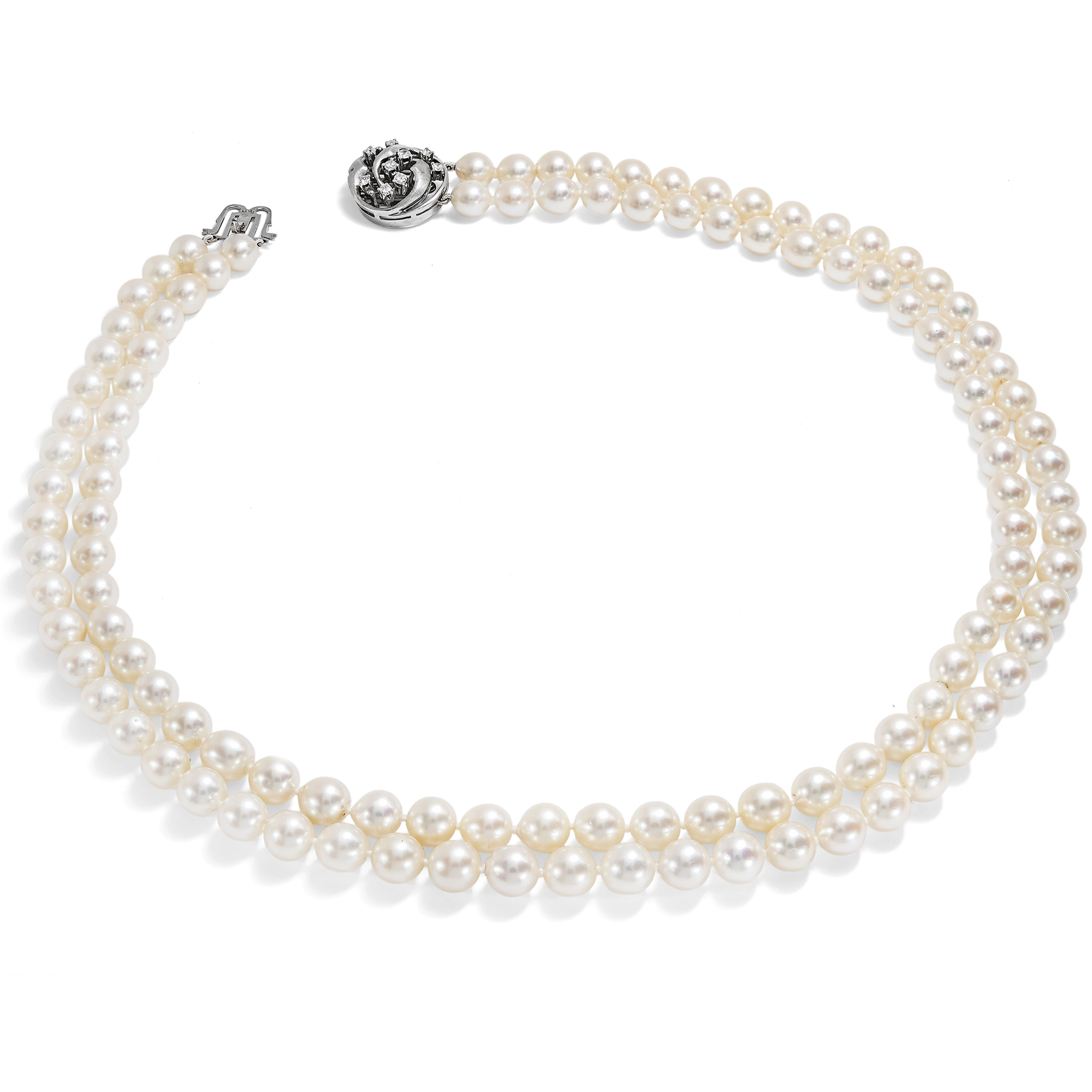 Vintage Two Rows Akoya Pearl Necklace with Diamond Clasp, c. 1985