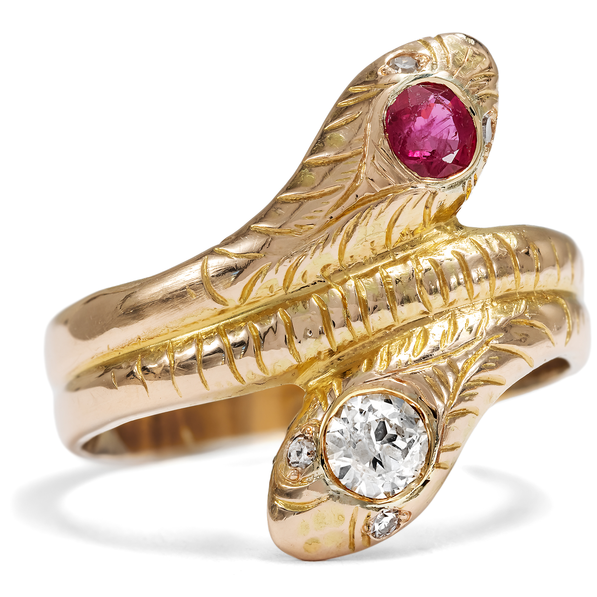 Antiker Schlangenring mit Rubin & Diamant in Gold, Deutschland um 1900 Antiker Schlangenring mit Rubin & Diamant in Gold, Deutschland um 1900
