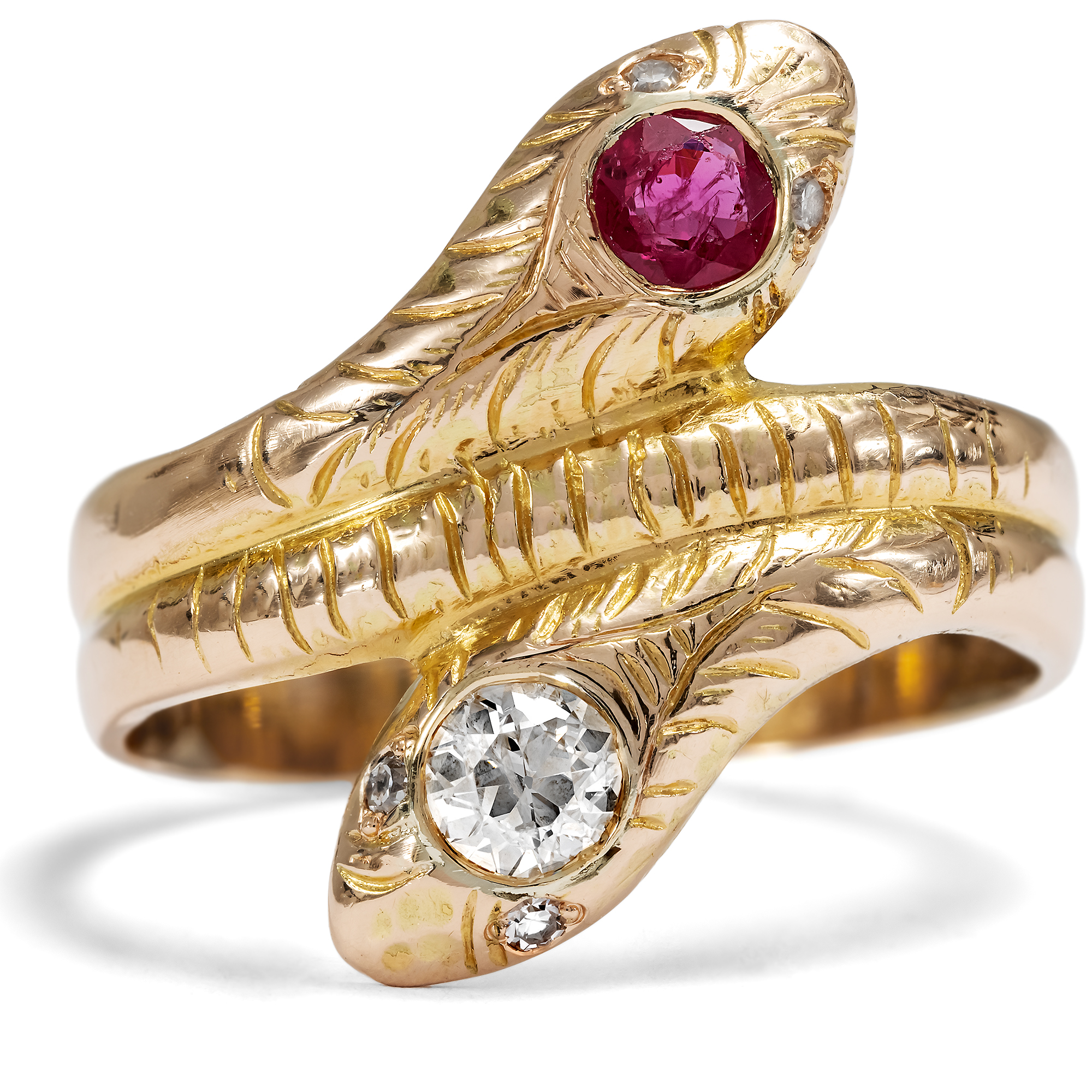 Antiker Schlangenring mit Rubin & Diamant in Gold, Deutschland um 1900 Antiker Schlangenring mit Rubin & Diamant in Gold, Deutschland um 1900