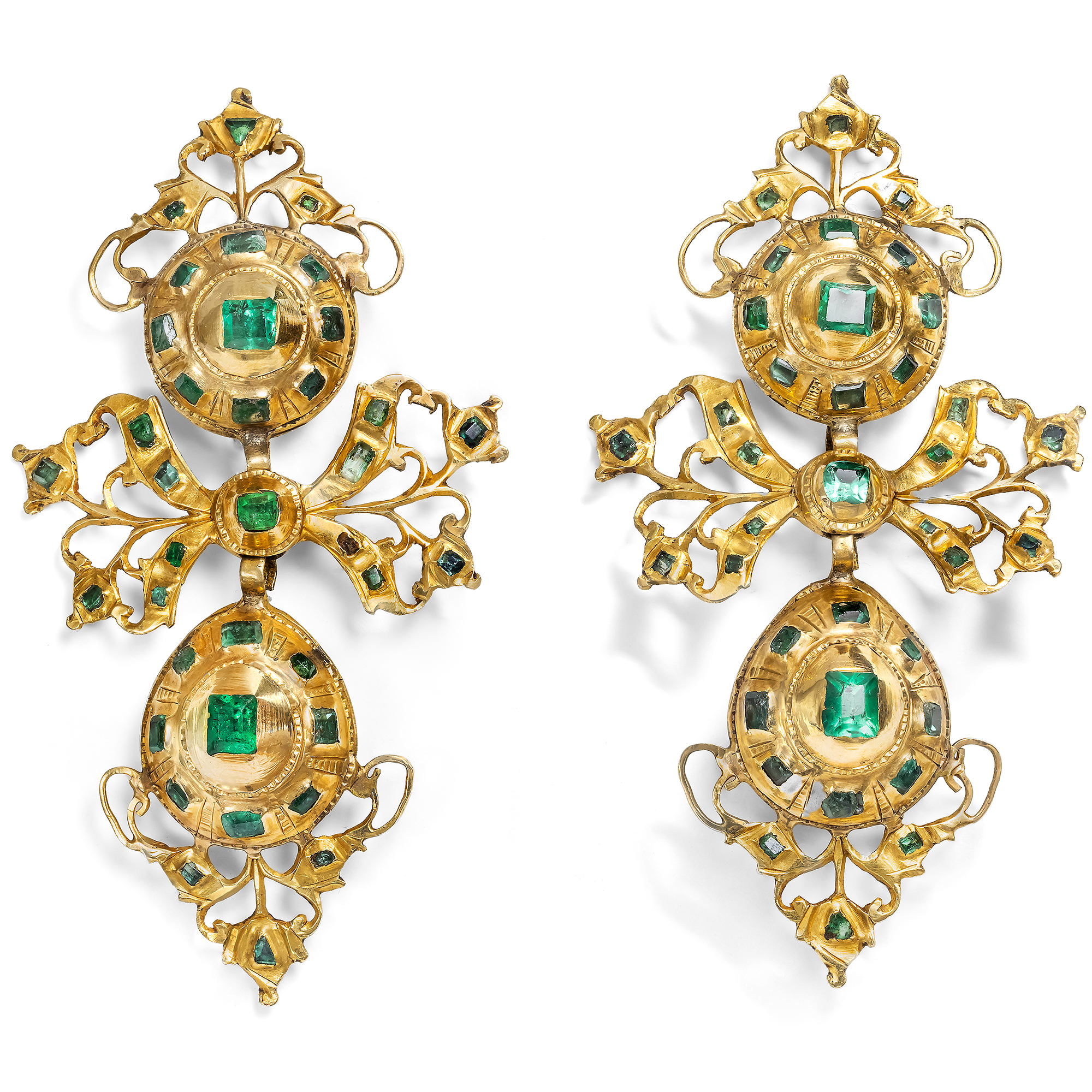 Magnificent Antique "Lazo" Gold Earrings with Emeralds, Spain c. 1760