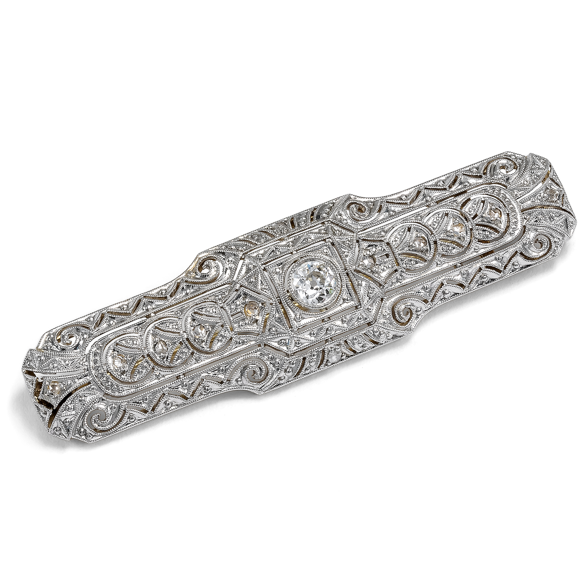 Elegant Déco Brooch with Diamonds in Platinum on Gold, after 1936