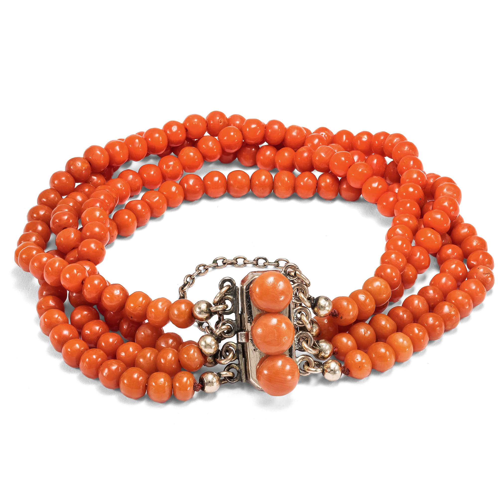 Antique Four-Row Coral Bracelet Made of "Corallo Sciacca", c. 1900 Antique Four-Row Coral Bracelet Made of "Corallo Sciacca", c. 1900