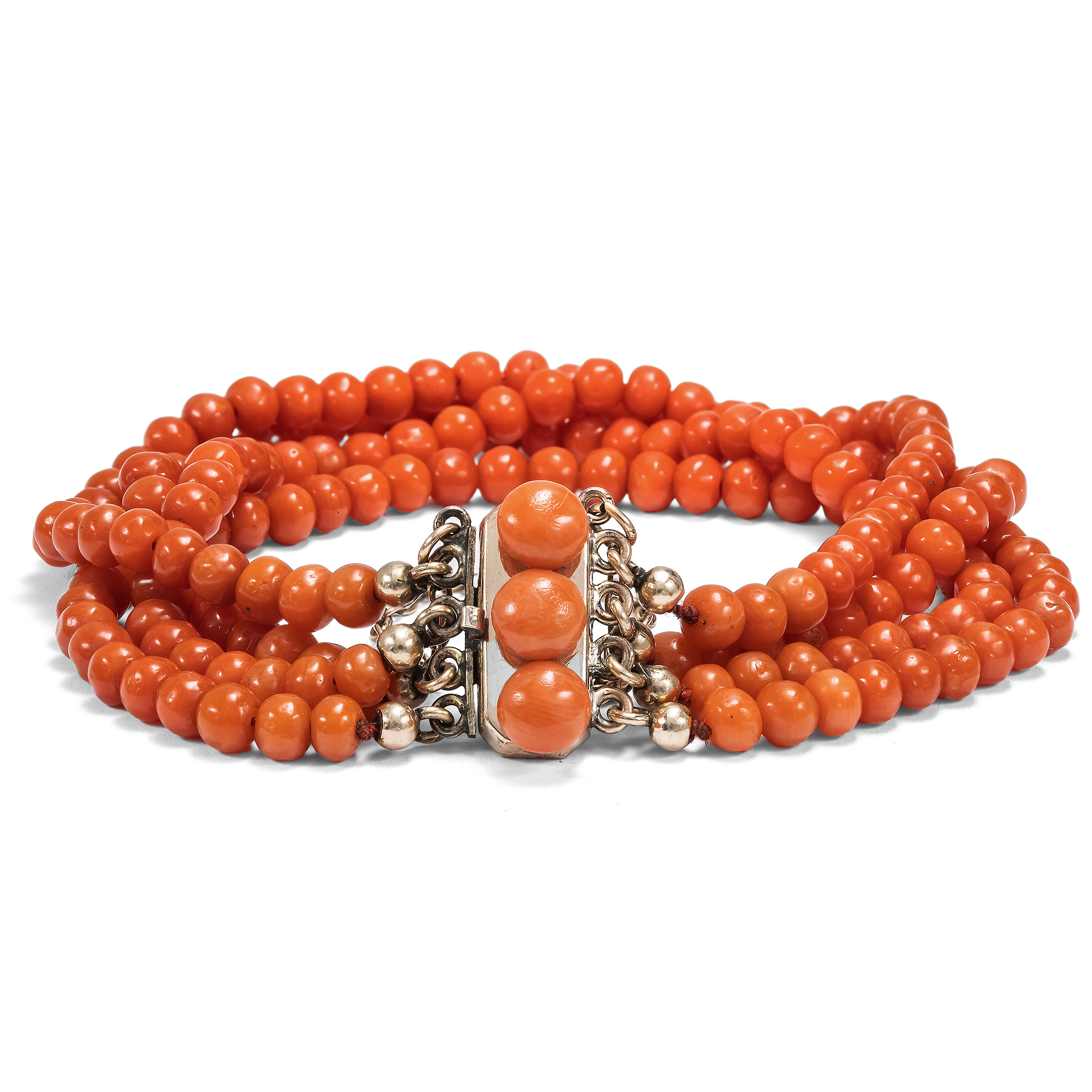 Antique Four-Row Coral Bracelet Made of "Corallo Sciacca", c. 1900 Antique Four-Row Coral Bracelet Made of "Corallo Sciacca", c. 1900